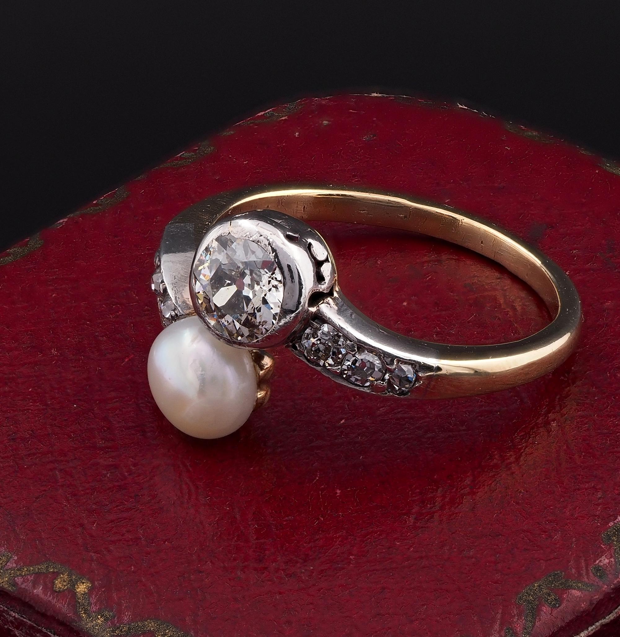 Women's Victorian .60 Ct Diamond 6mm. Natural Pearl Crossover ring For Sale