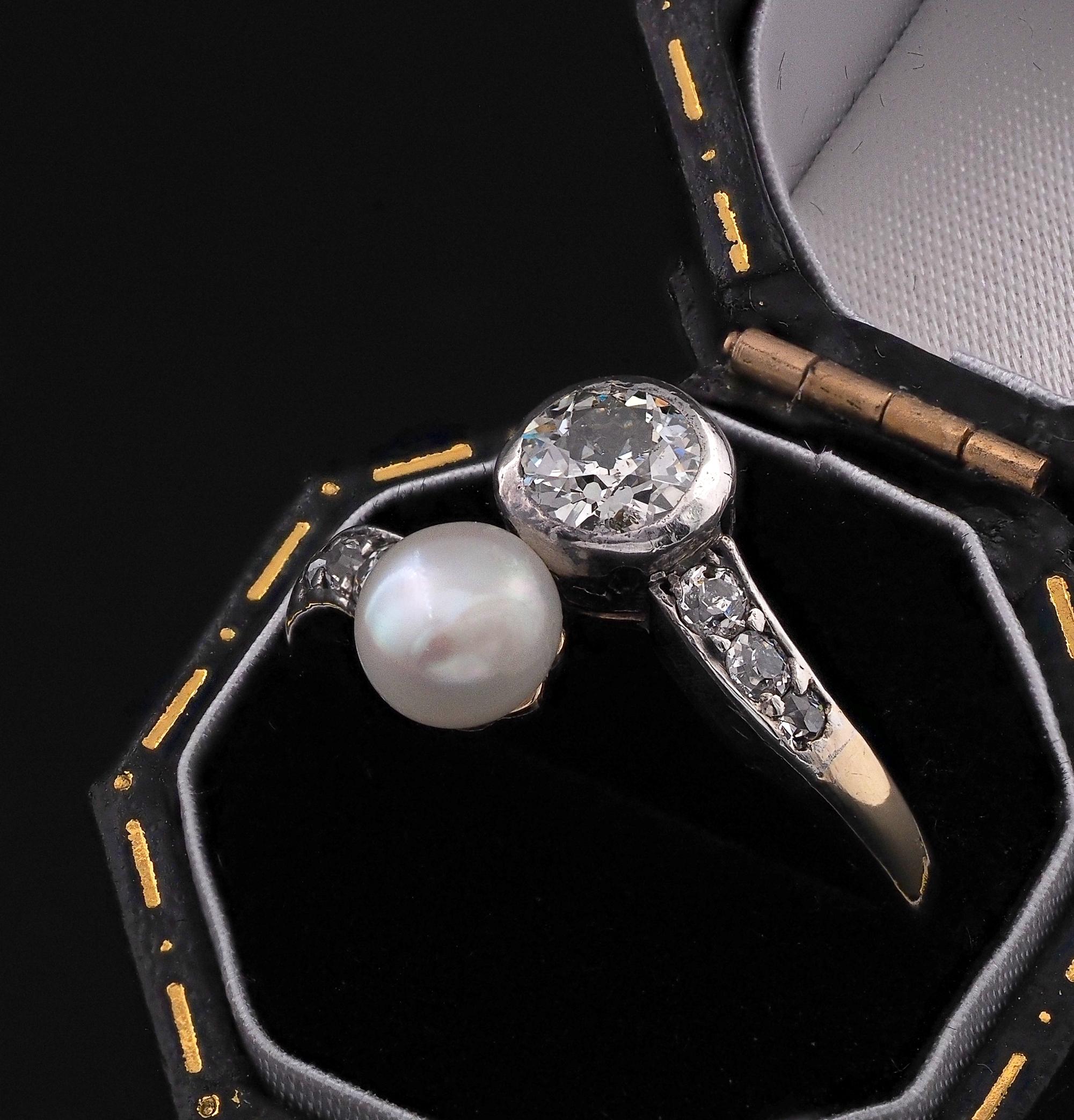 Victorian .60 Ct Diamond 6mm. Natural Pearl Crossover ring For Sale 1