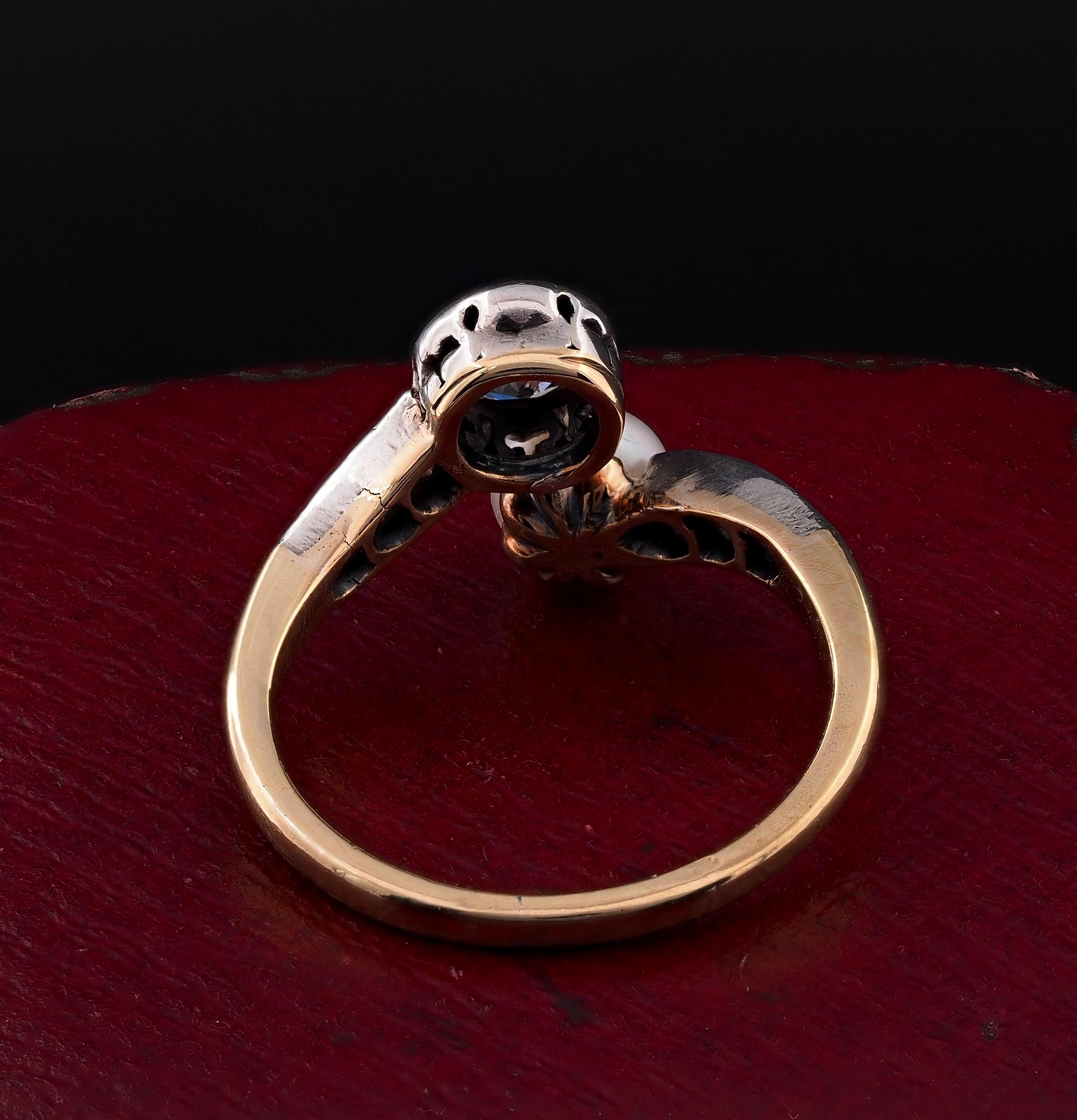Victorian .60 Ct Diamond 6mm. Natural Pearl Crossover ring For Sale 2