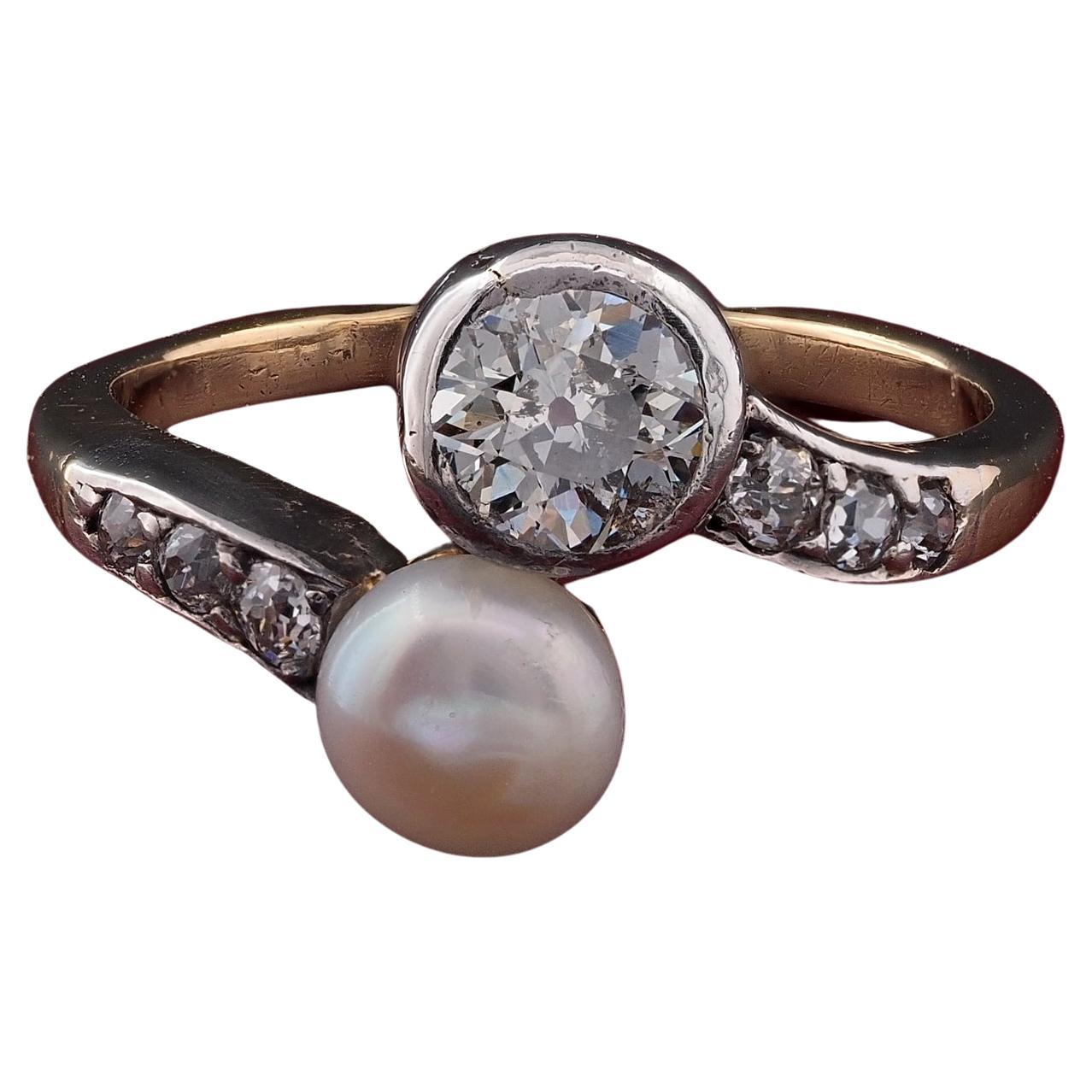 Victorian .60 Ct Diamond 6mm. Natural Pearl Crossover ring For Sale