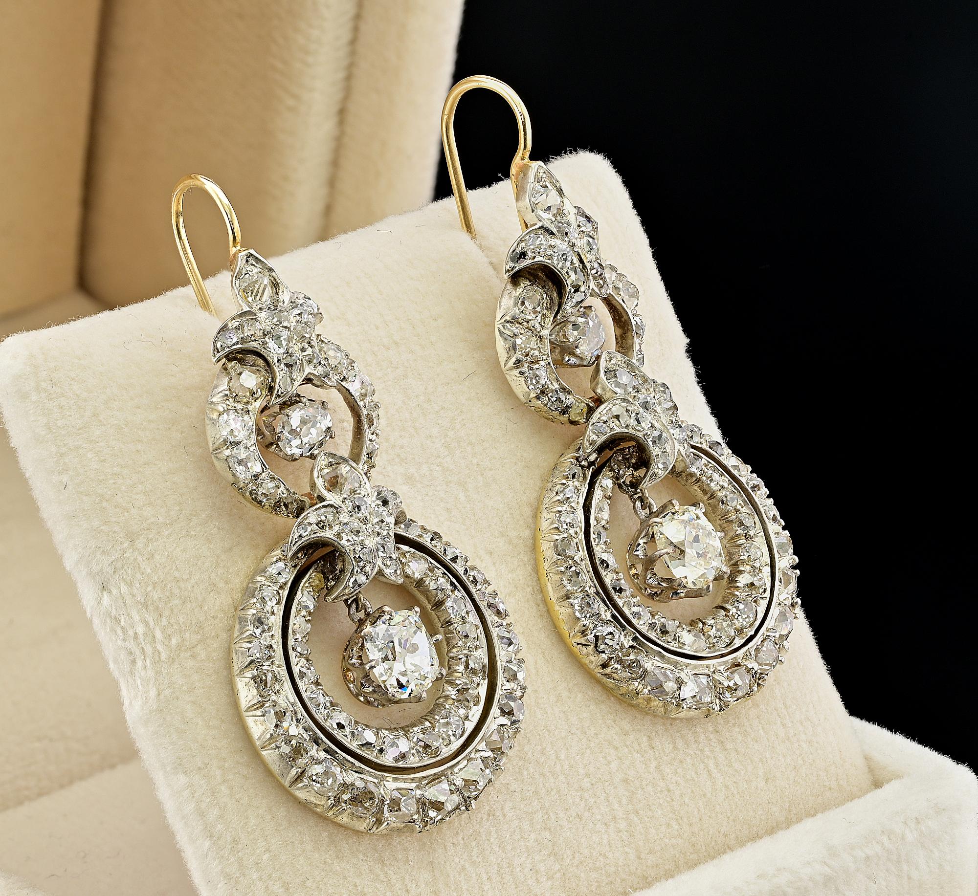 Victorian 6.0 Ct Diamond Drop Earrings 18 Kt Silver In Good Condition For Sale In Napoli, IT