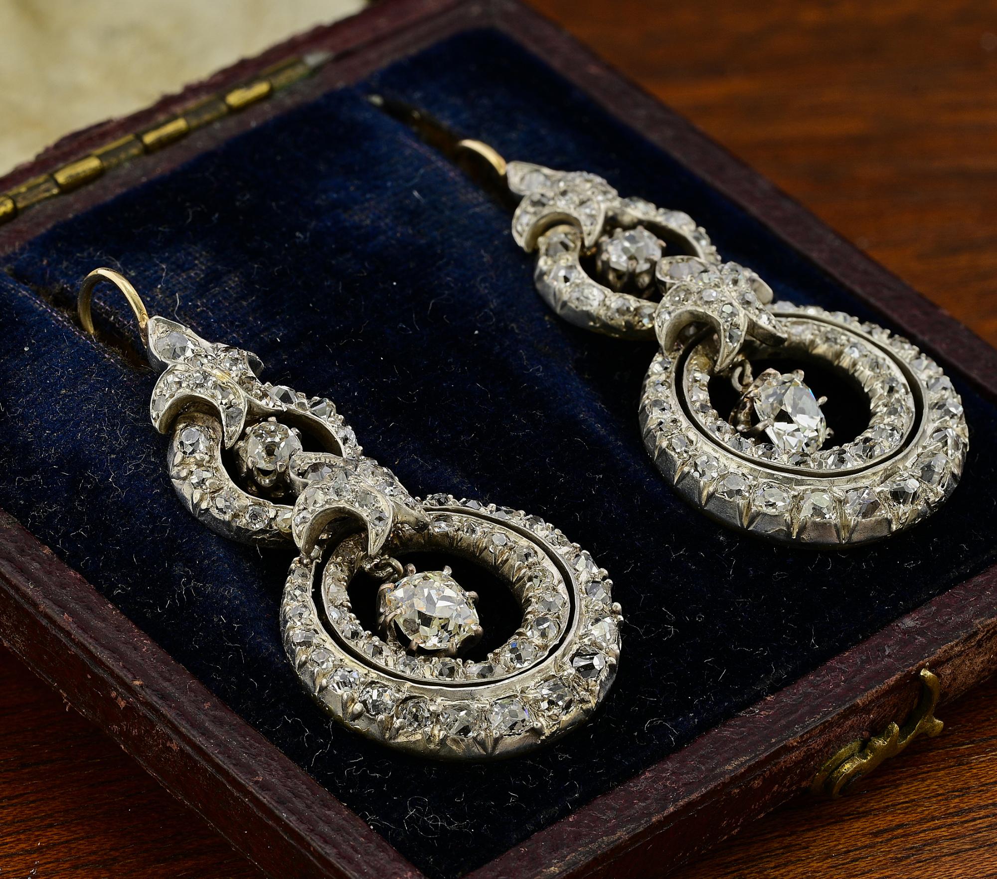 Viktorianische 6,0 Karat Diamant-Tropfen-Ohrringe aus 18 Kt Silber Damen im Angebot