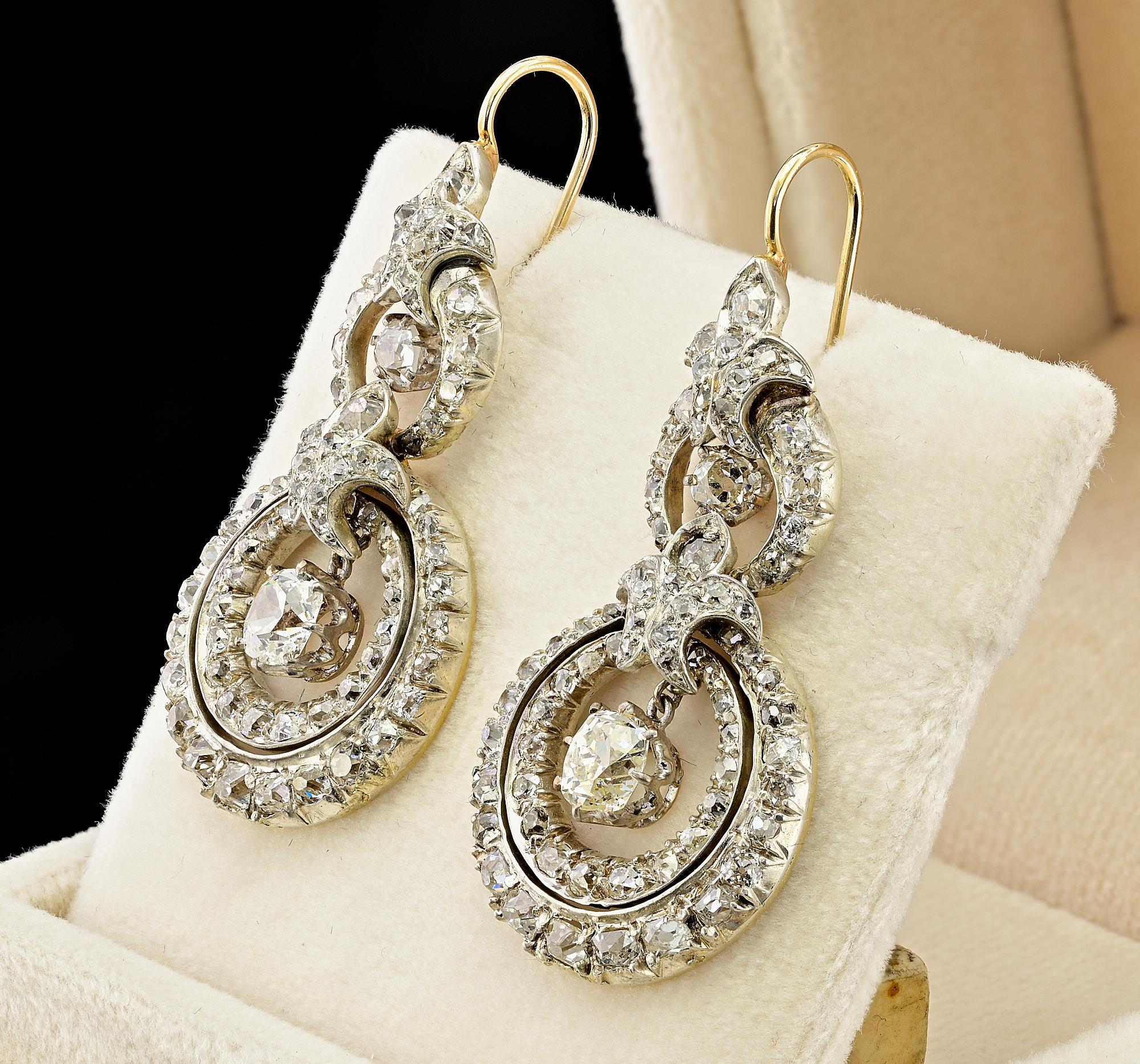 Victorian 6.0 Ct Diamond Drop Earrings 18 Kt Silver For Sale 1