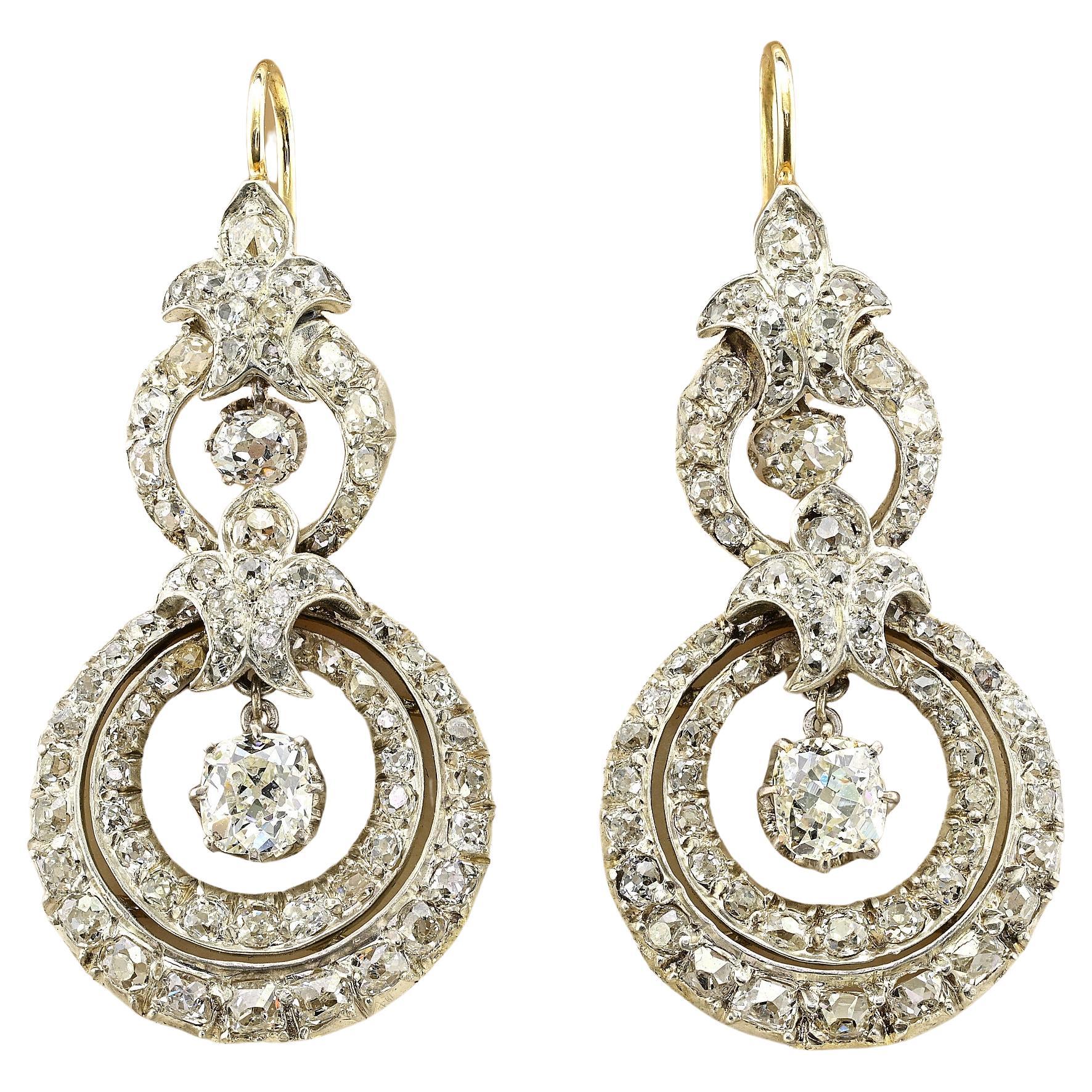 Viktorianische 6,0 Karat Diamant-Tropfen-Ohrringe aus 18 Kt Silber im Angebot