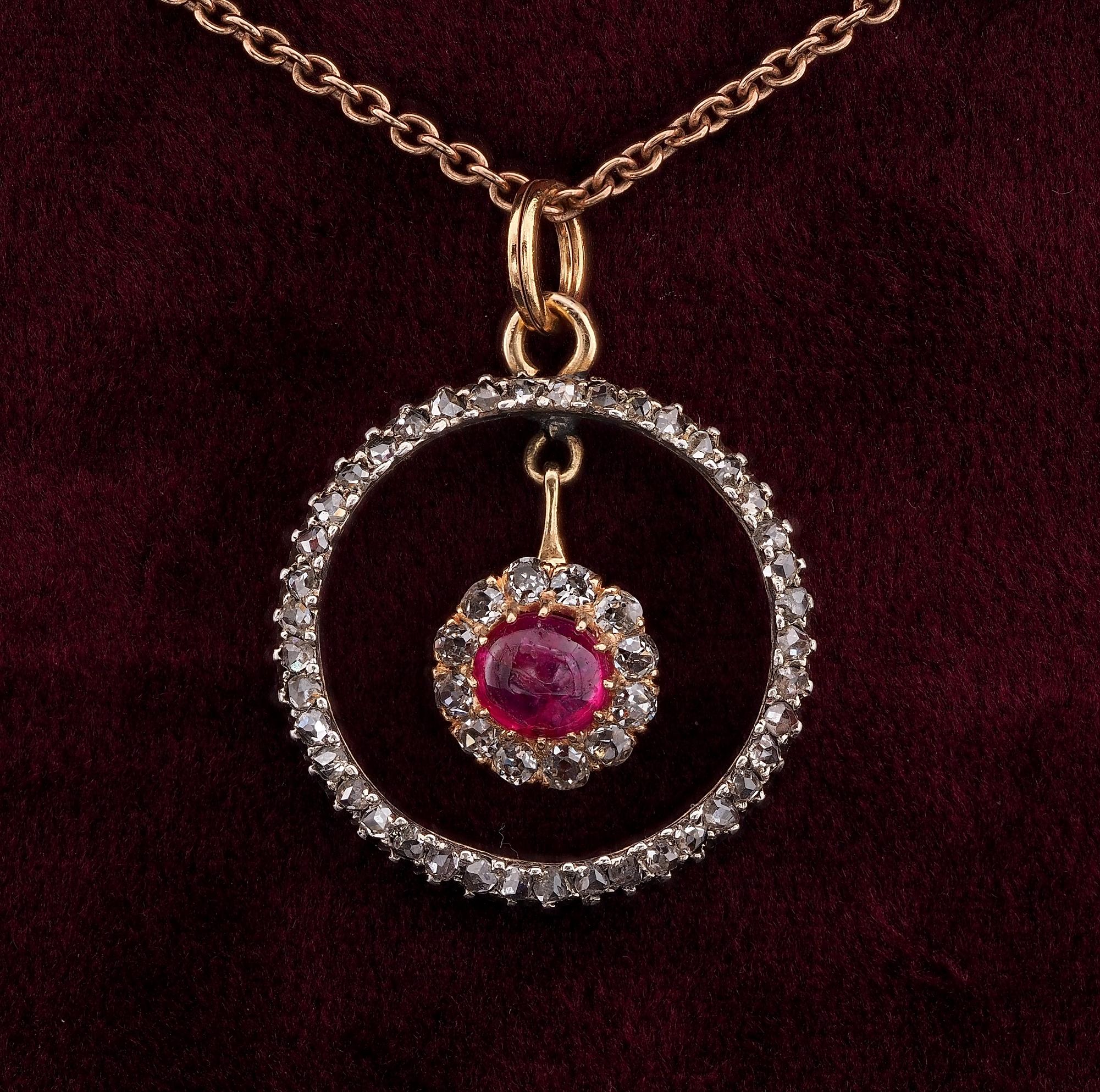 Love Circle
This gorgeous eternity pendant is Victorian period, 1880 ca
Hand crafted of solid 18 KT with silver portions
Circle stands for eternity or eternal love, Ruby symbolises passion, simple yet romantic and effective work of the era
Circle is