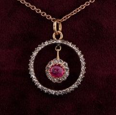 Victorian .60 Ct Natural Ruby .80 Ct Diamond 18 Kt/Silver Pendant