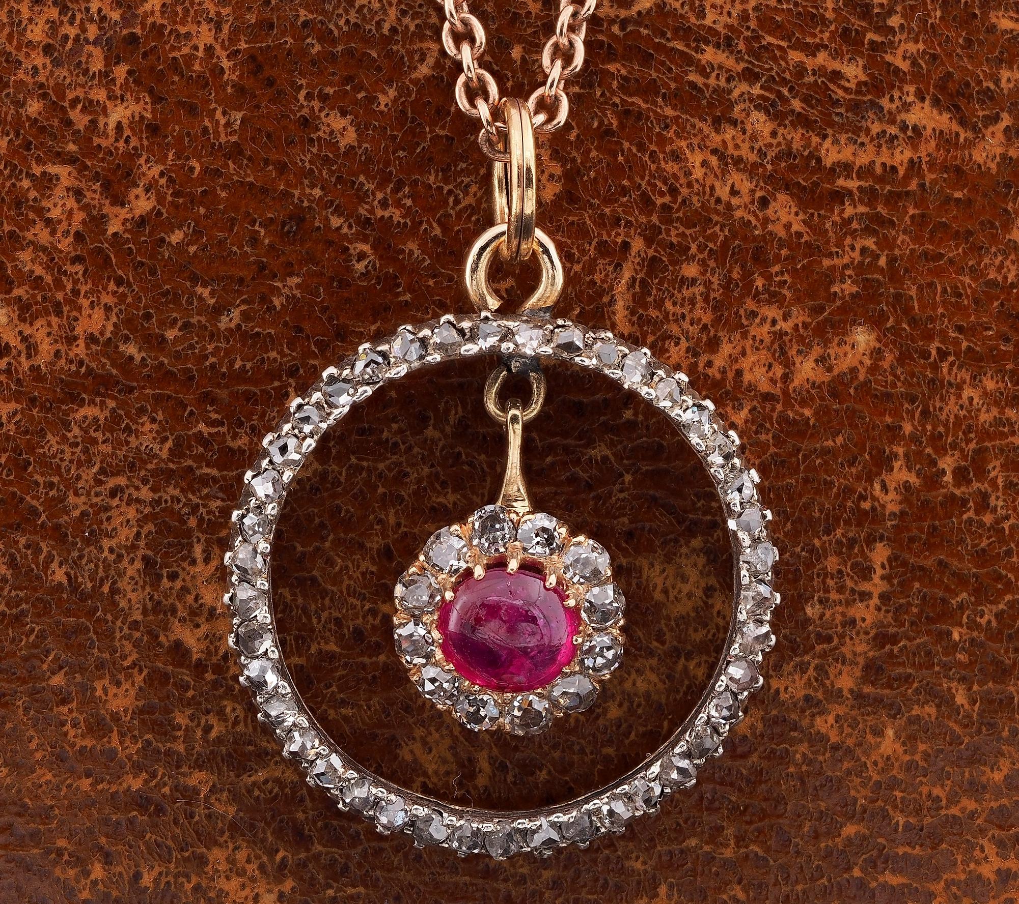 Cabochon Victorian .60 Ct Natural Ruby .80 Ct Diamond 18 Kt/Silver Pendant For Sale