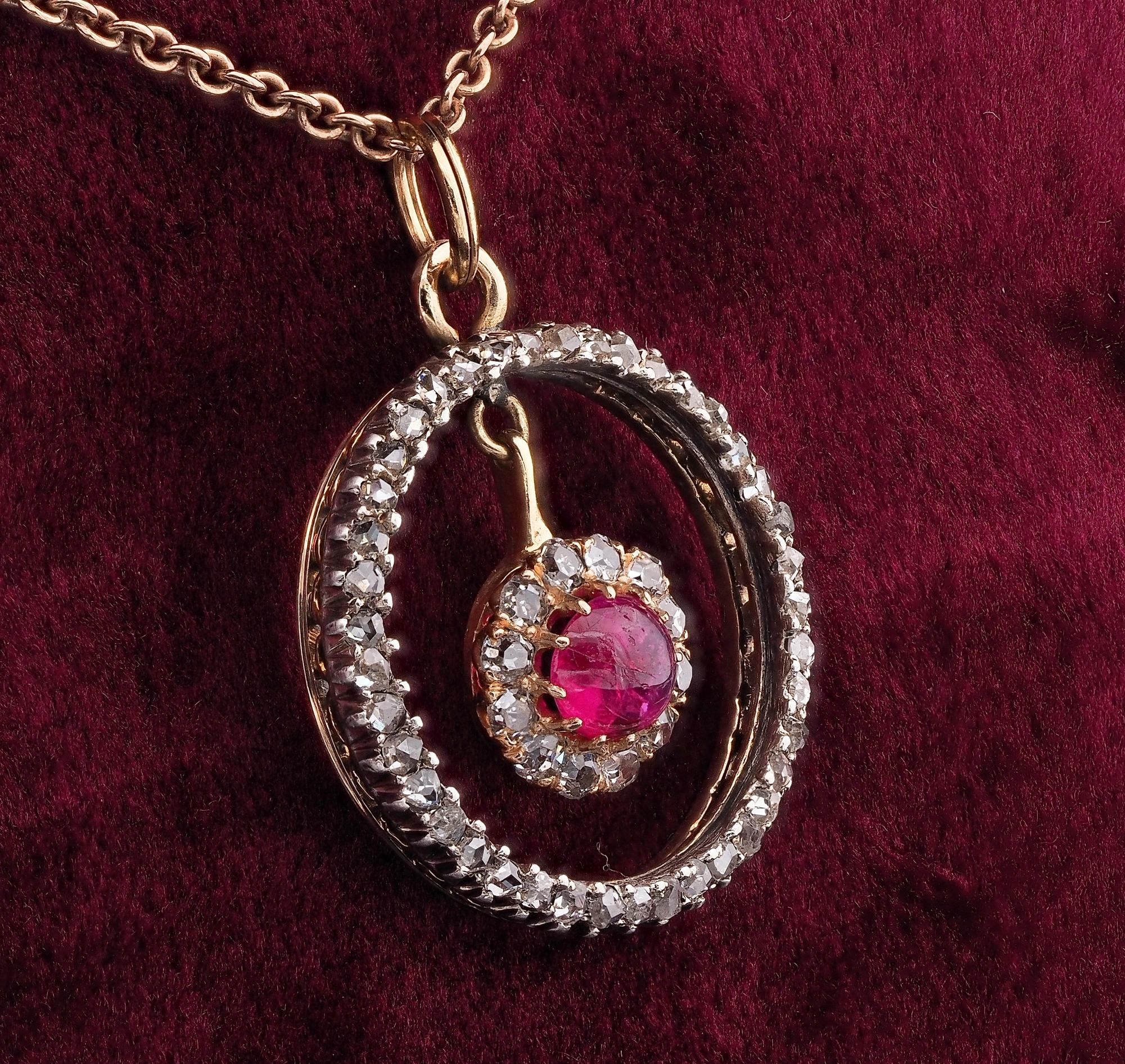 Victorian .60 Ct Natural Ruby .80 Ct Diamond 18 Kt/Silver Pendant In Good Condition For Sale In Napoli, IT