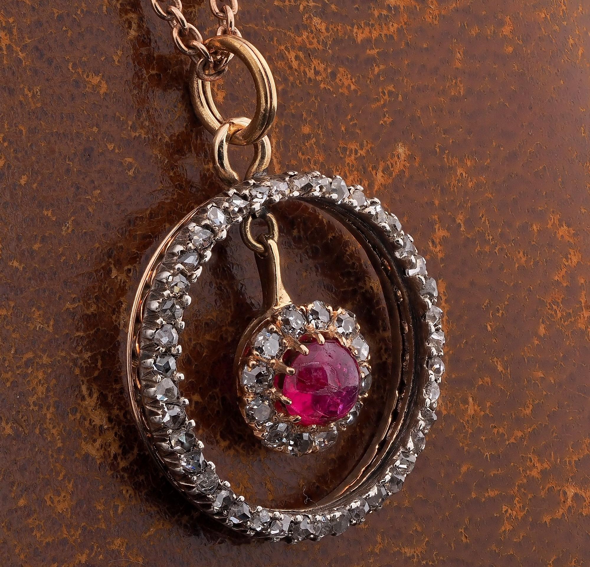 Women's or Men's Victorian .60 Ct Natural Ruby .80 Ct Diamond 18 Kt/Silver Pendant For Sale
