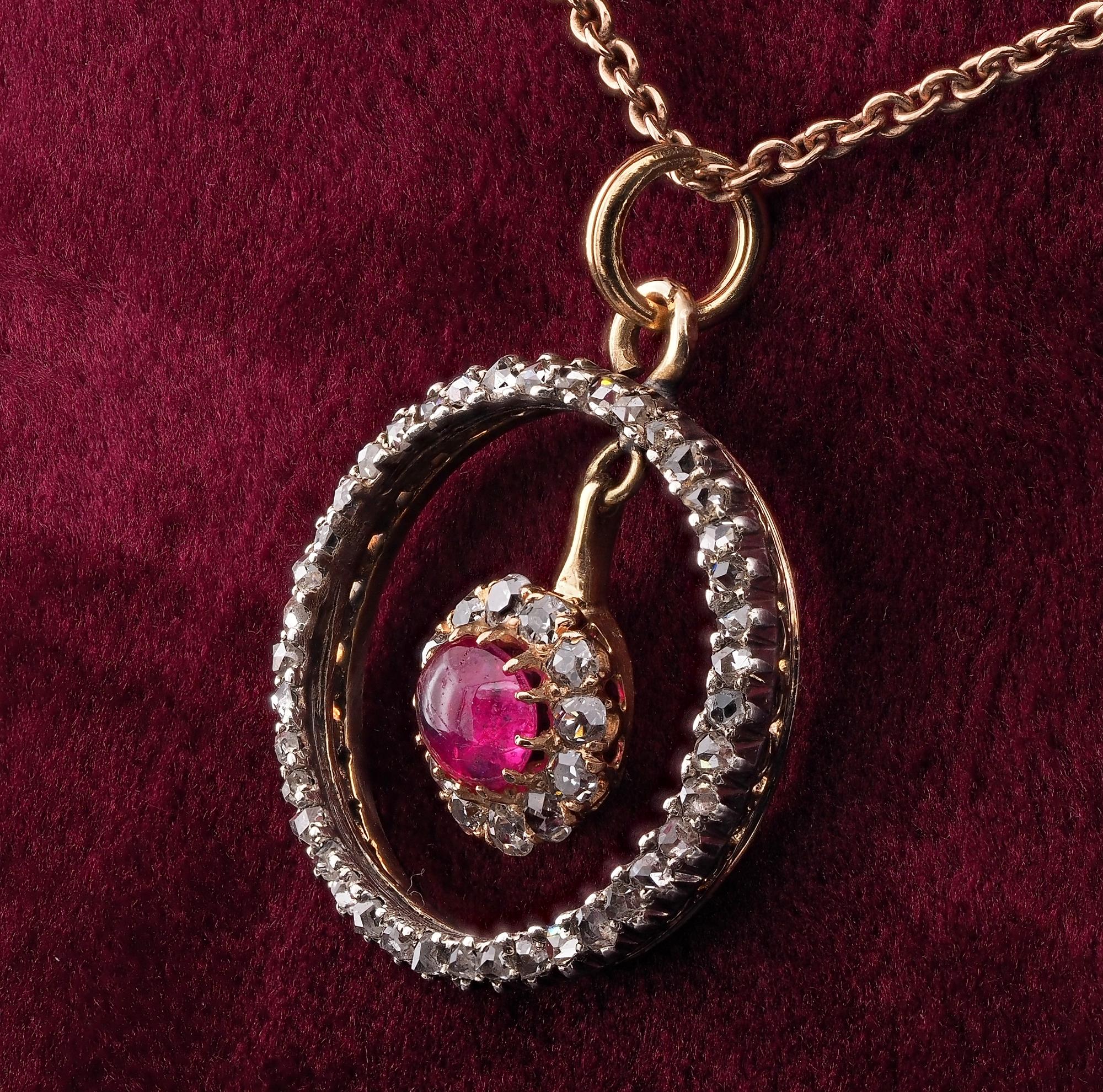 Victorian .60 Ct Natural Ruby .80 Ct Diamond 18 Kt/Silver Pendant For Sale 1