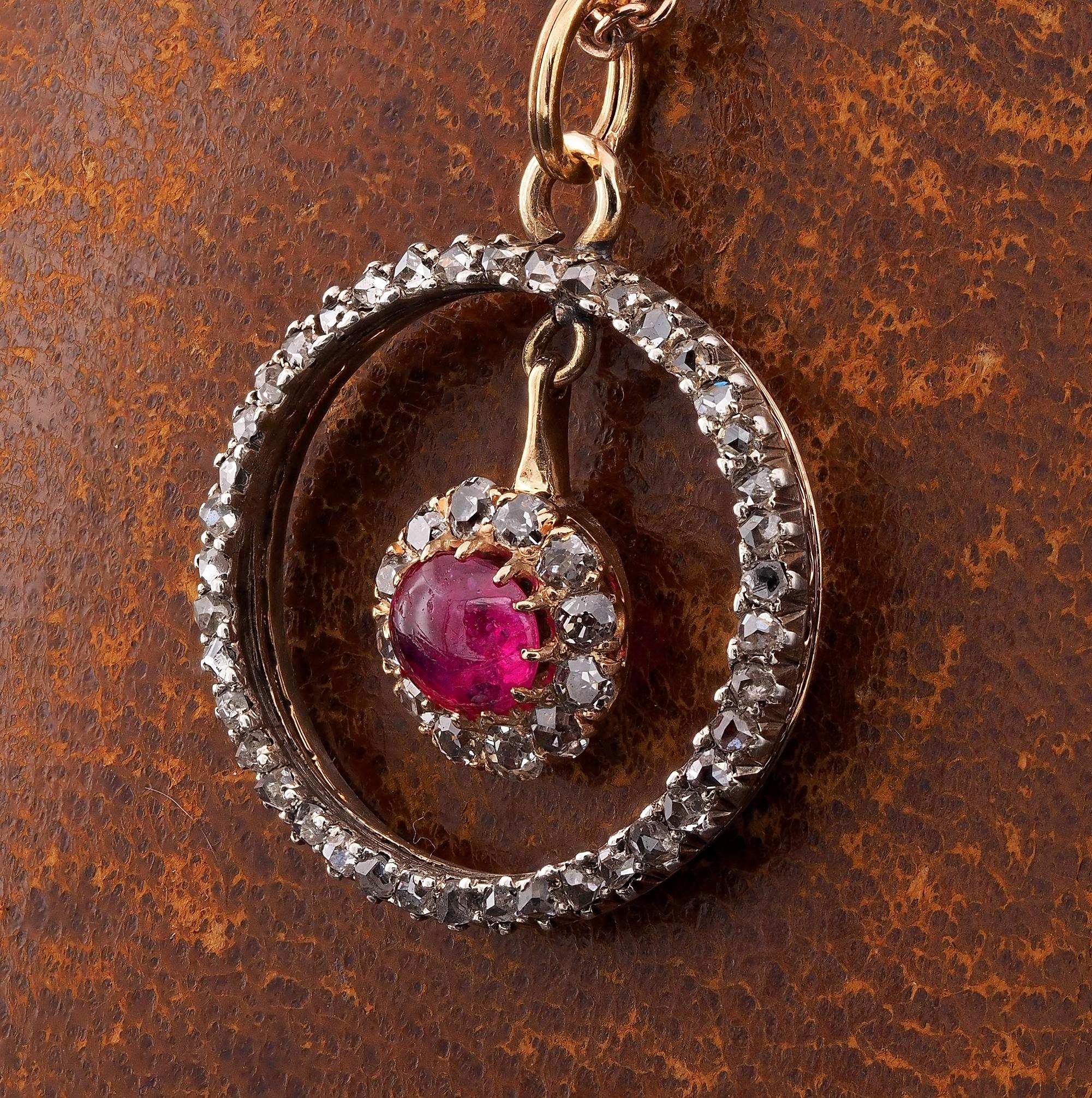 Victorian .60 Ct Natural Ruby .80 Ct Diamond 18 Kt/Silver Pendant For Sale 2