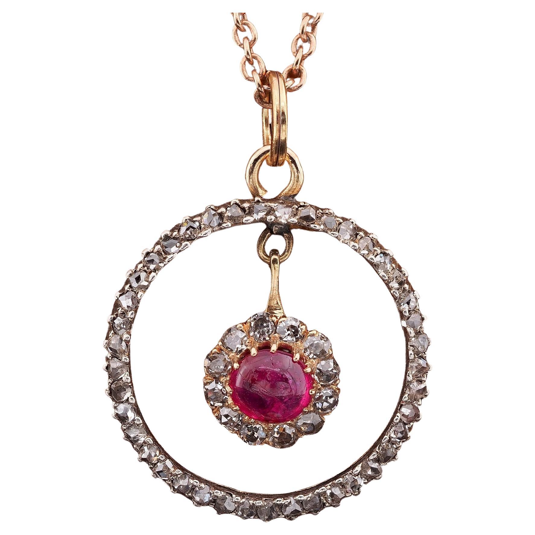 Victorian .60 Ct Natural Ruby .80 Ct Diamond 18 Kt/Silver Pendant For Sale