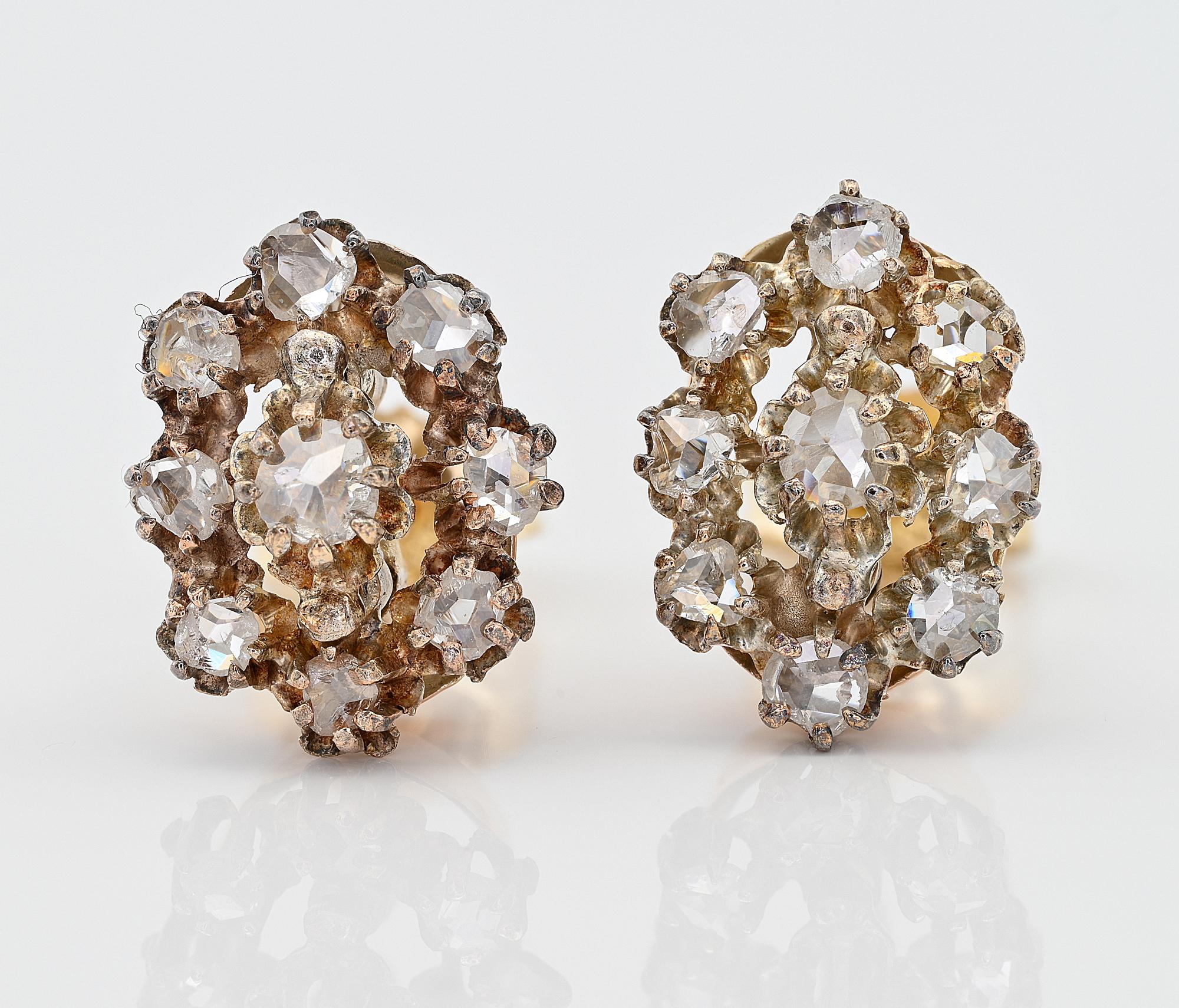 Lovely Flowers
Gorgeous Victorian period Floret designed Diamond ear studs, 1880 ca
Hand crafted of solid 18 Kt gold, stamped
Pretty oval shaped ear lobe studs set with a sparkling combination of Rose cut Diamonds disposed into daisy flower design,