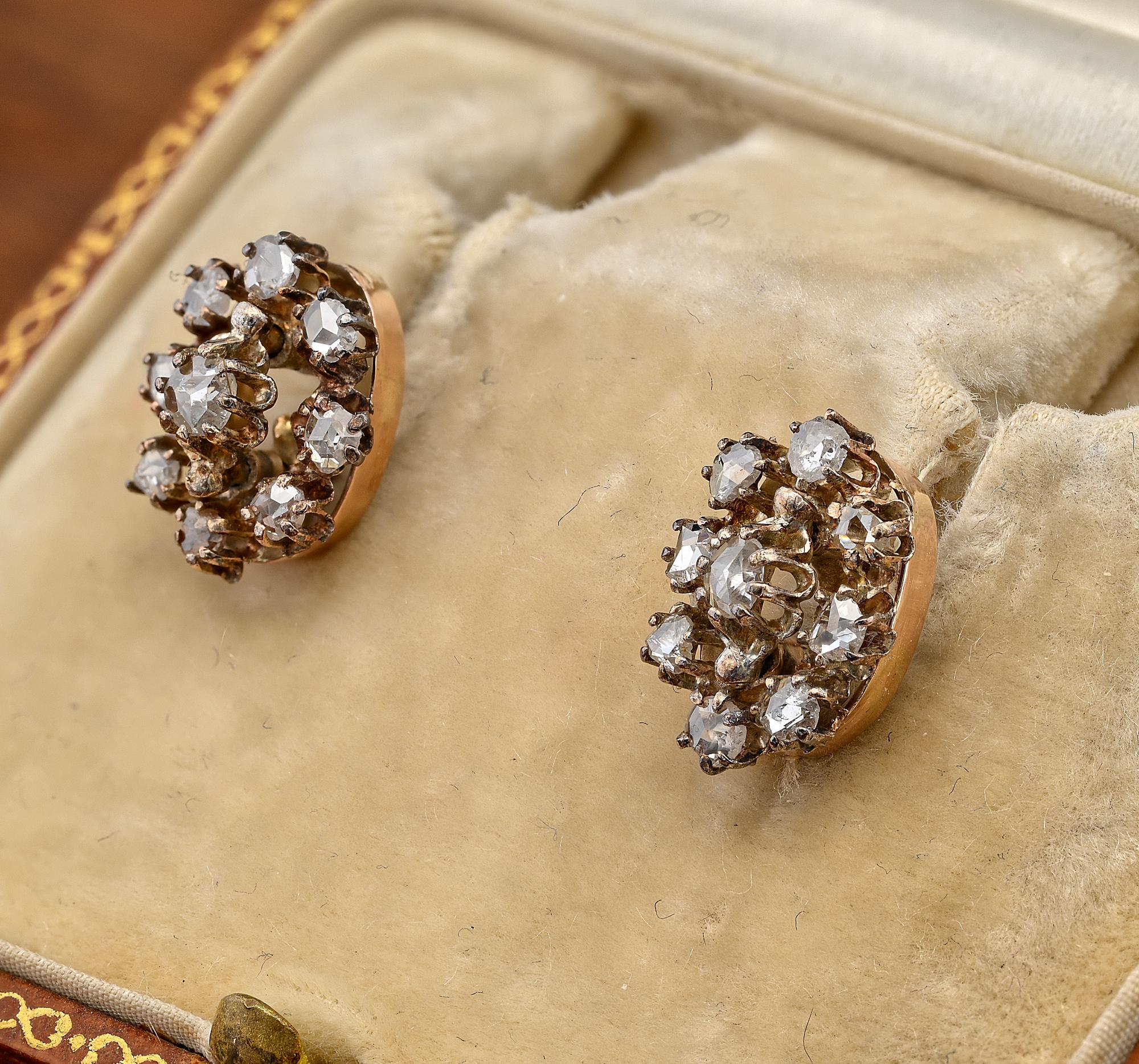 Women's or Men's Victorian .60 Ct Rose Cut Diamond Floret Petit 18 KT Stud Earrings For Sale