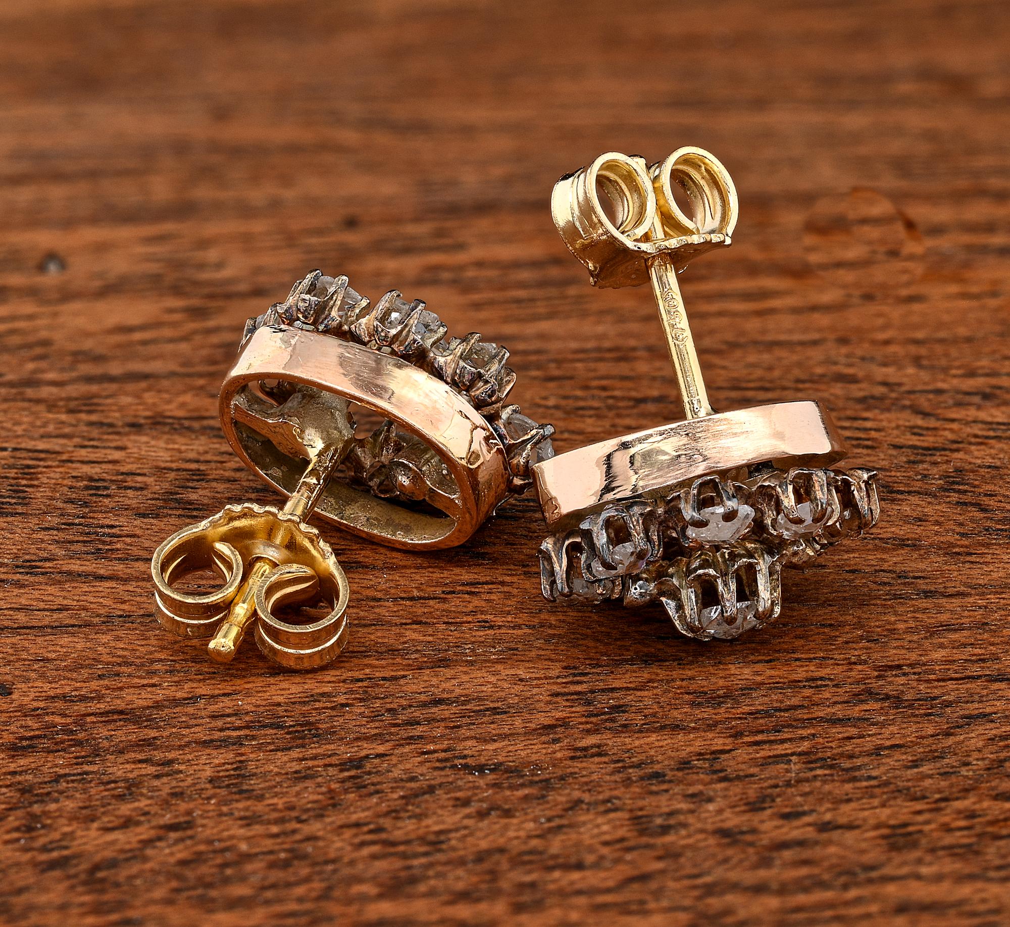 Victorian .60 Ct Rose Cut Diamond Floret Petit 18 KT Stud Earrings For Sale 1