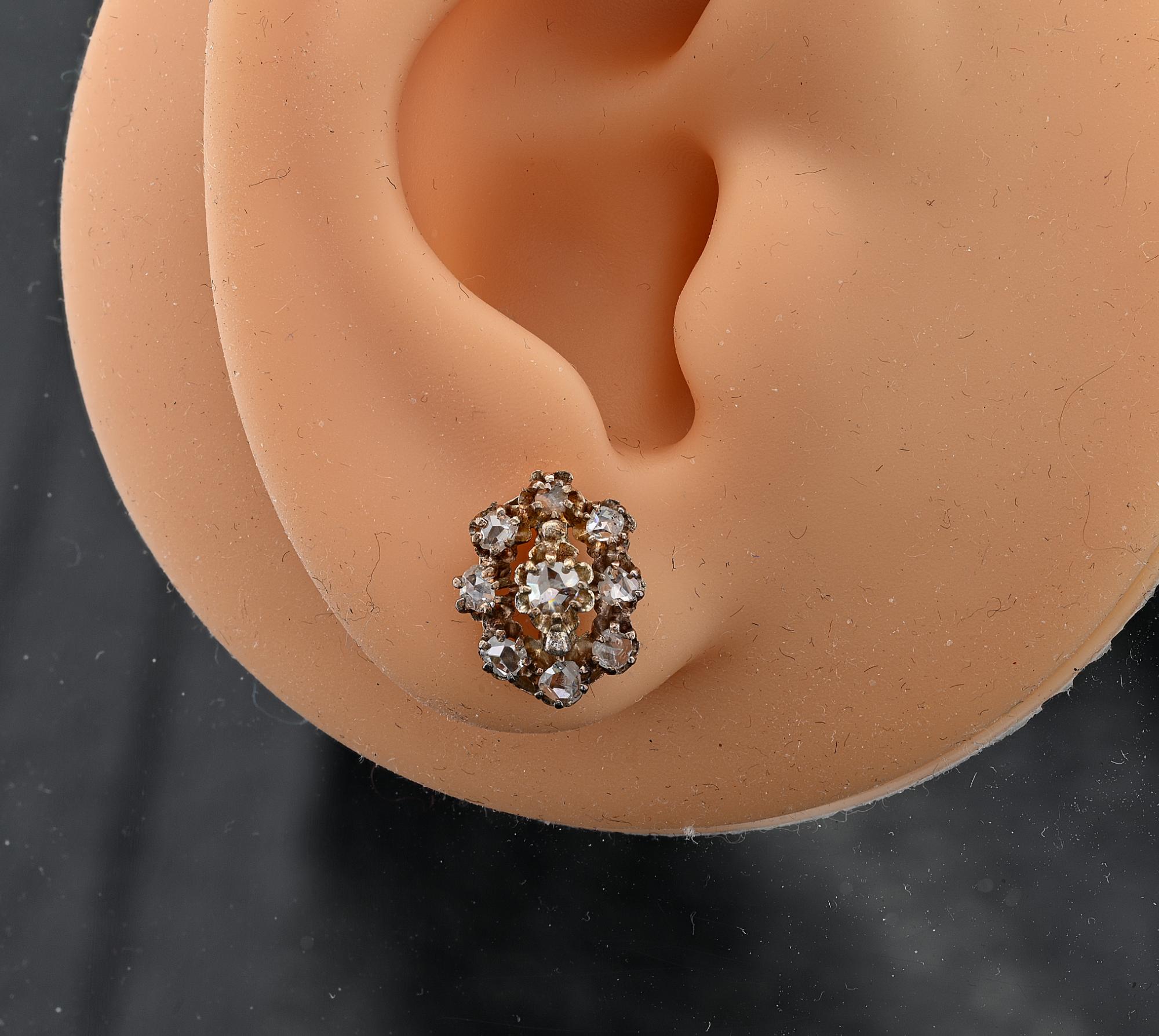 Victorian .60 Ct Rose Cut Diamond Floret Petit 18 KT Stud Earrings For Sale 2