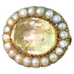 Antique Victorian 6.00 Carat Topaz and Pearl 18 Karat Gold Brooch