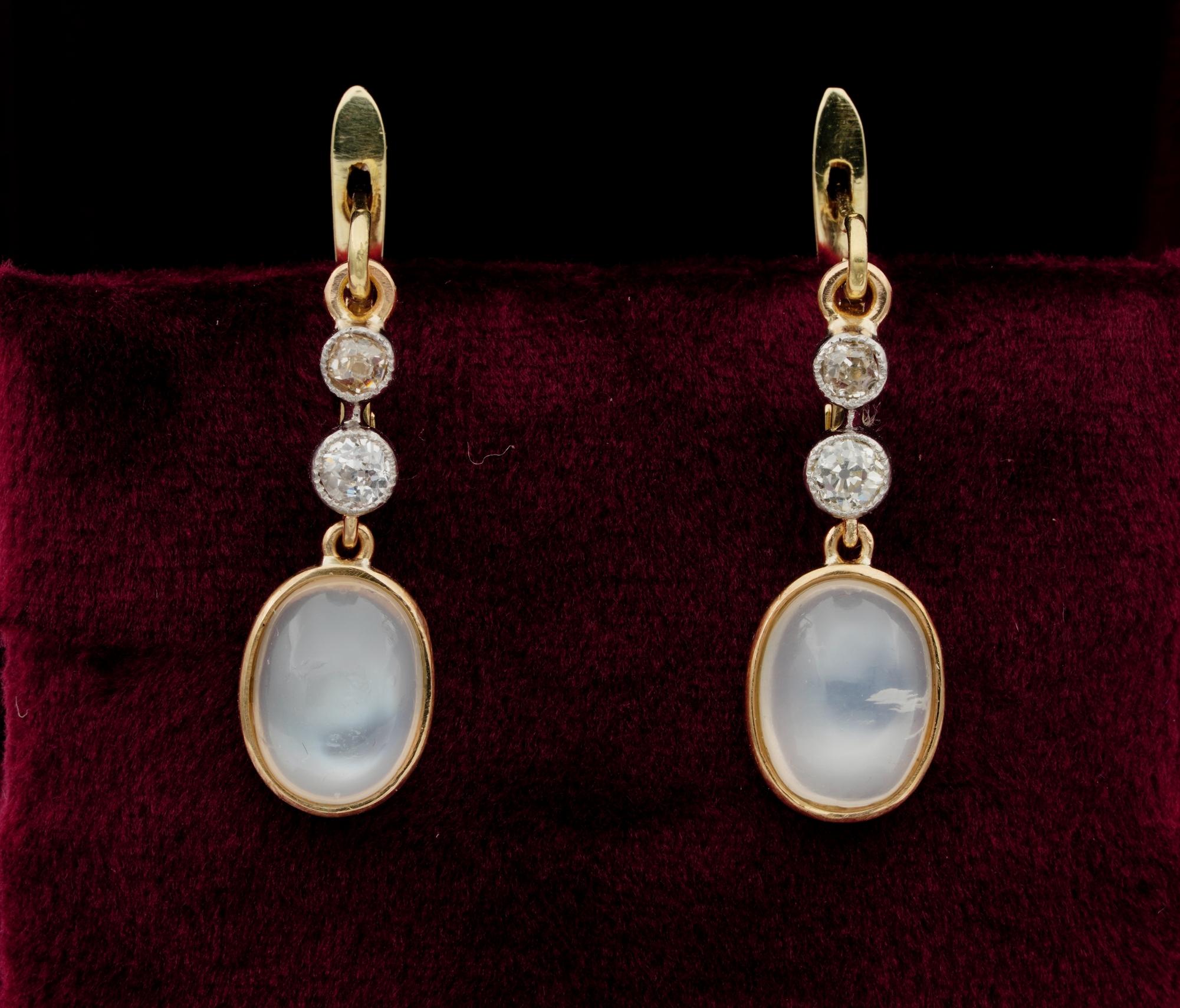 Victorian Delight
These sweet and rare Victorian earrings are 1890/1900 ca
They are beautifully hand crafted of solid 18 KT gold with some Platinum portions
Very pretty, classy Victorian design with two graduated Diamonds at the top side leading to