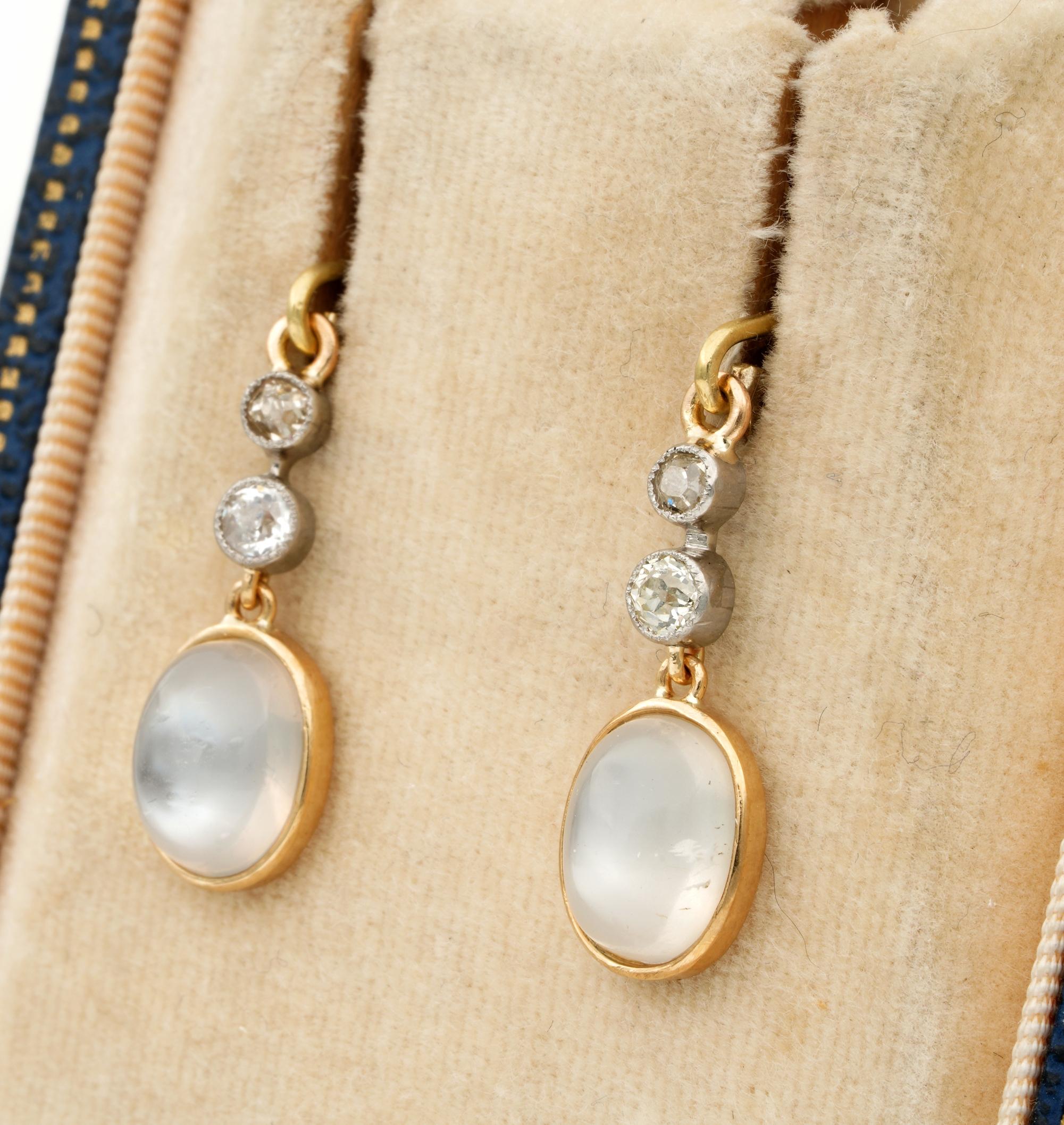 Women's Victorian 6.00 Ct Moonstone .70 Ct Old Mine Diamond Earrings For Sale