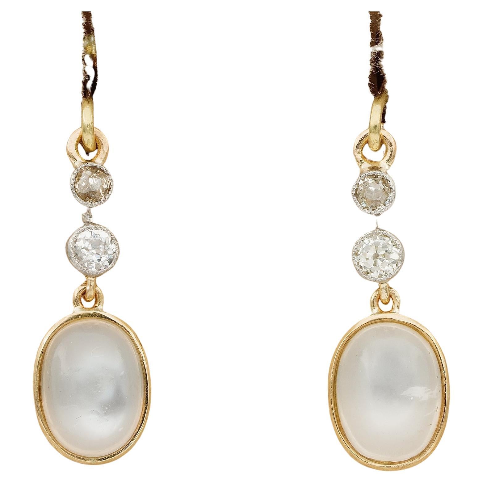Victorian 6.00 Ct Moonstone .70 Ct Old Mine Diamond Earrings For Sale