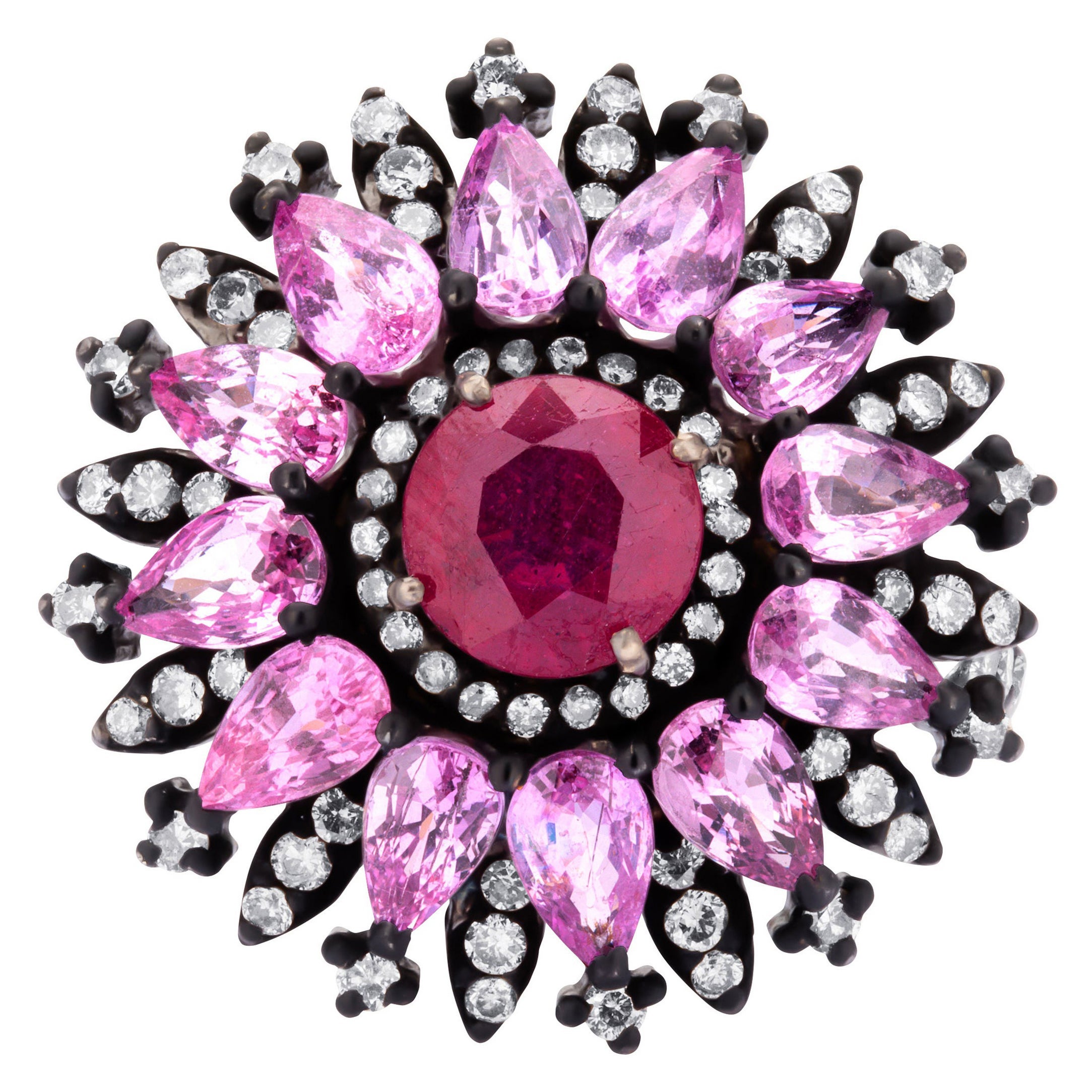 Bague victorienne en or 18 carats avec rubis naturel, saphir rose et diamants de 6,00 carats, taille 7 en vente