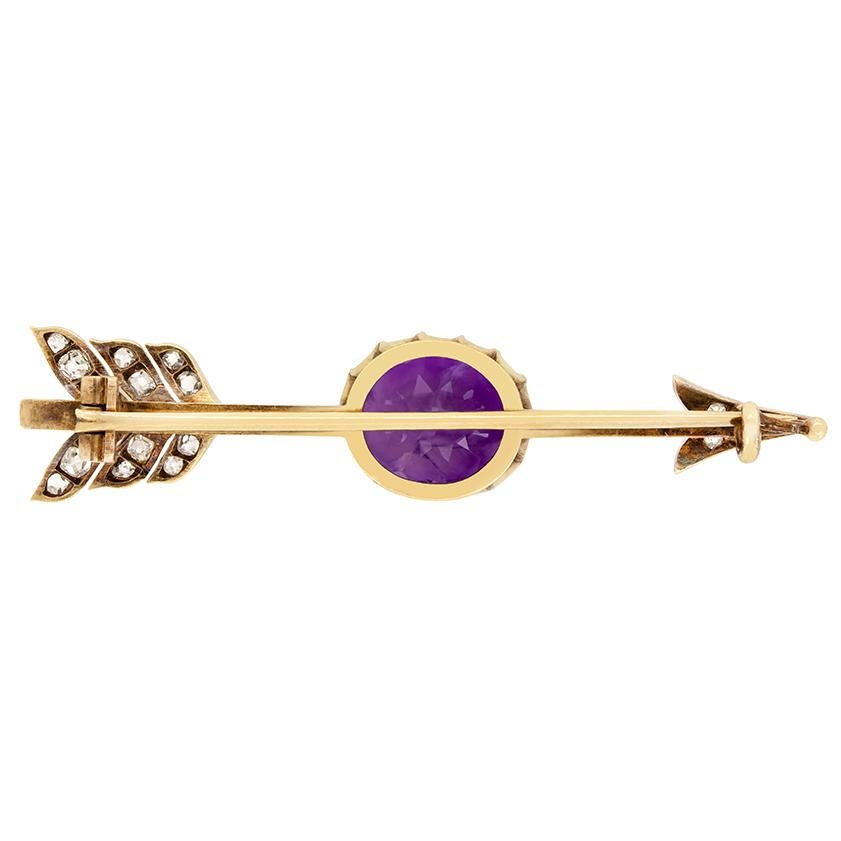 Dating back to the 1880s, this unique Victorian brooch holds an impressive 6.00 carat amethyst as it’s centrepiece.  The arrow shaped brooch has been hand crafted from 18 carat yellow gold, on a pin back to keep in firmly in place. The detailing of