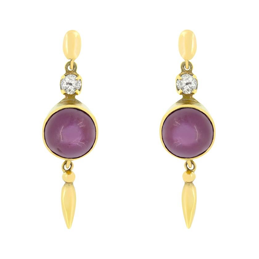 Cabochon Victorian 6.00ct Star Ruby and Diamond Drop Earrings, c.1900s For Sale