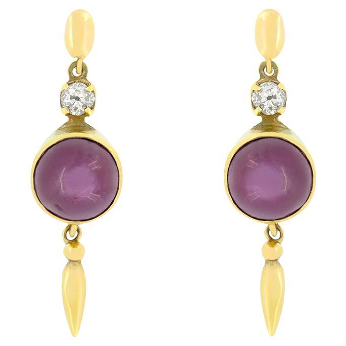 Victorian 6.00ct Star Ruby and Diamond Drop Earrings, c.1900s