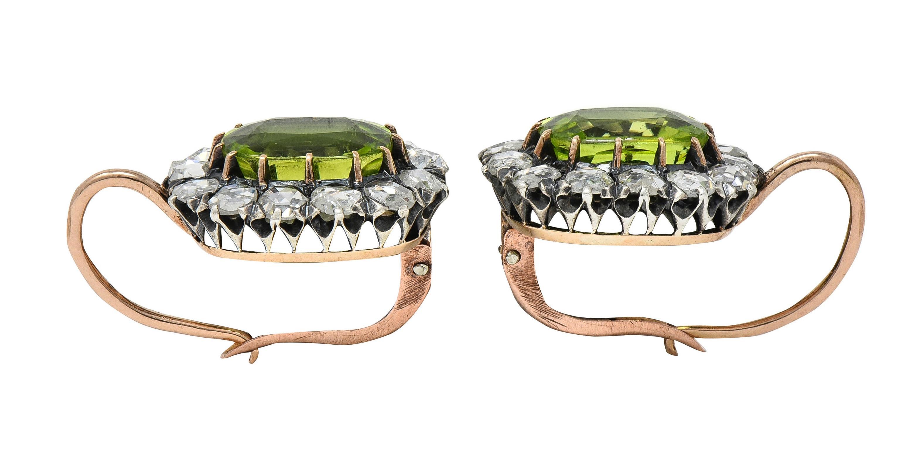 Victorian 6.05 CTW Peridot Diamond Silver 14K Gold Antique Halo Drop Earrings For Sale 1