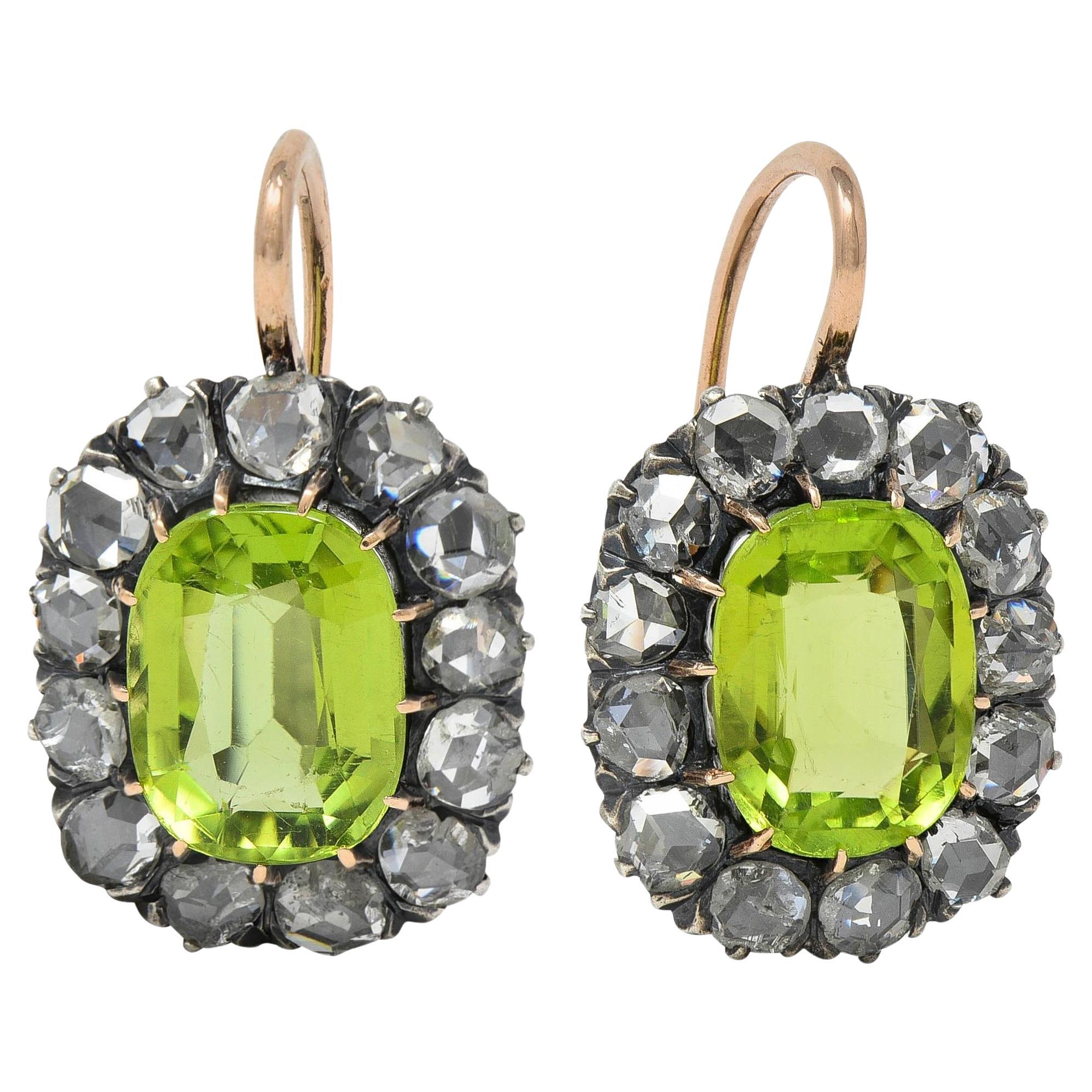 Victorian 6.05 CTW Peridot Diamond Silver 14K Gold Antique Halo Drop Earrings For Sale