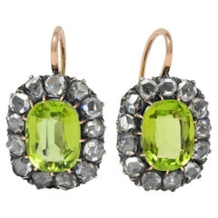 Pendientes Victorianos de Gota de Diamante Peridoto de 6,05 quilates, Plata y Oro de 14 quilates con Halo Antiguo