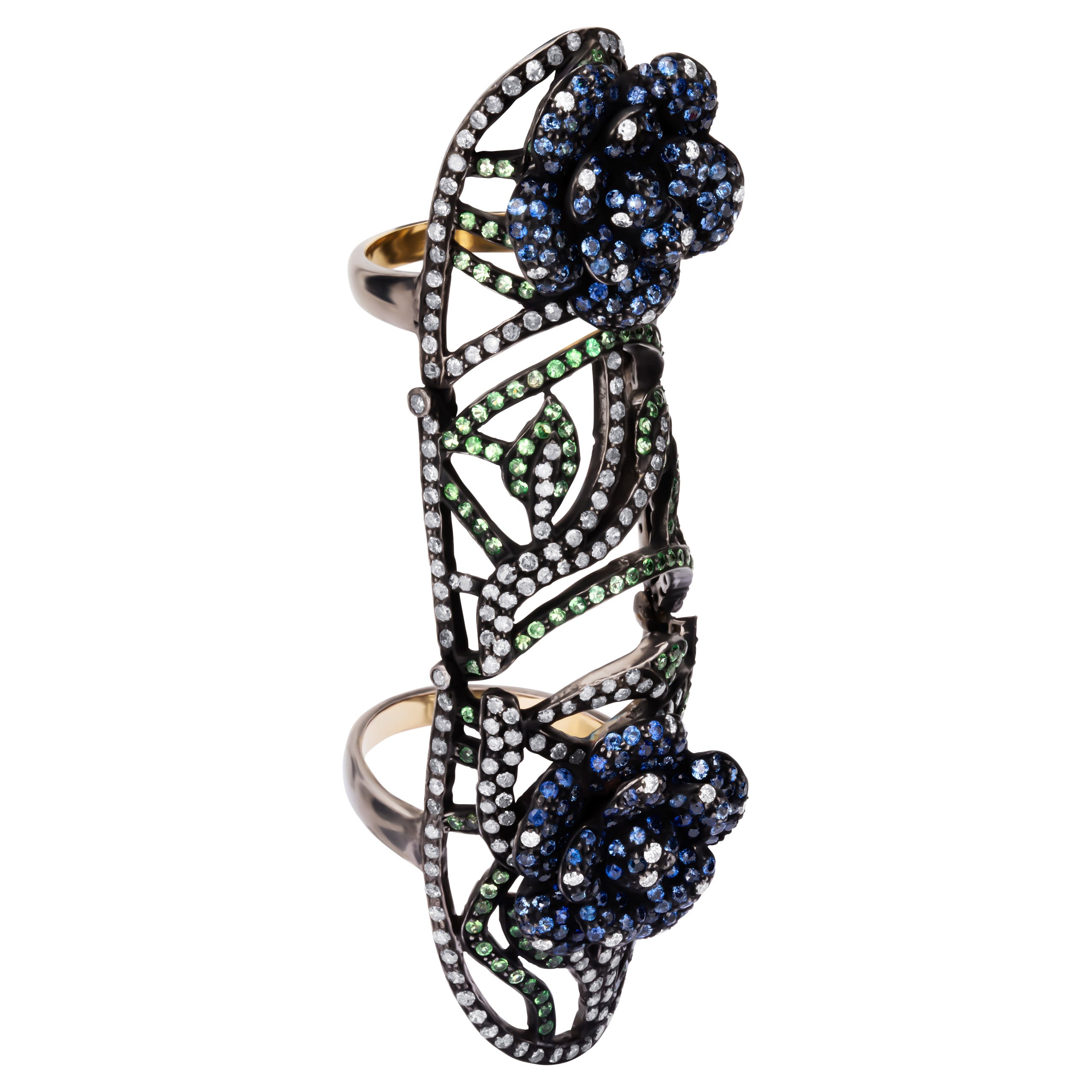 Victorian 6.1 Carat T.W Blue Sapphire, Tsavorite and Diamond Double Finger Ring For Sale