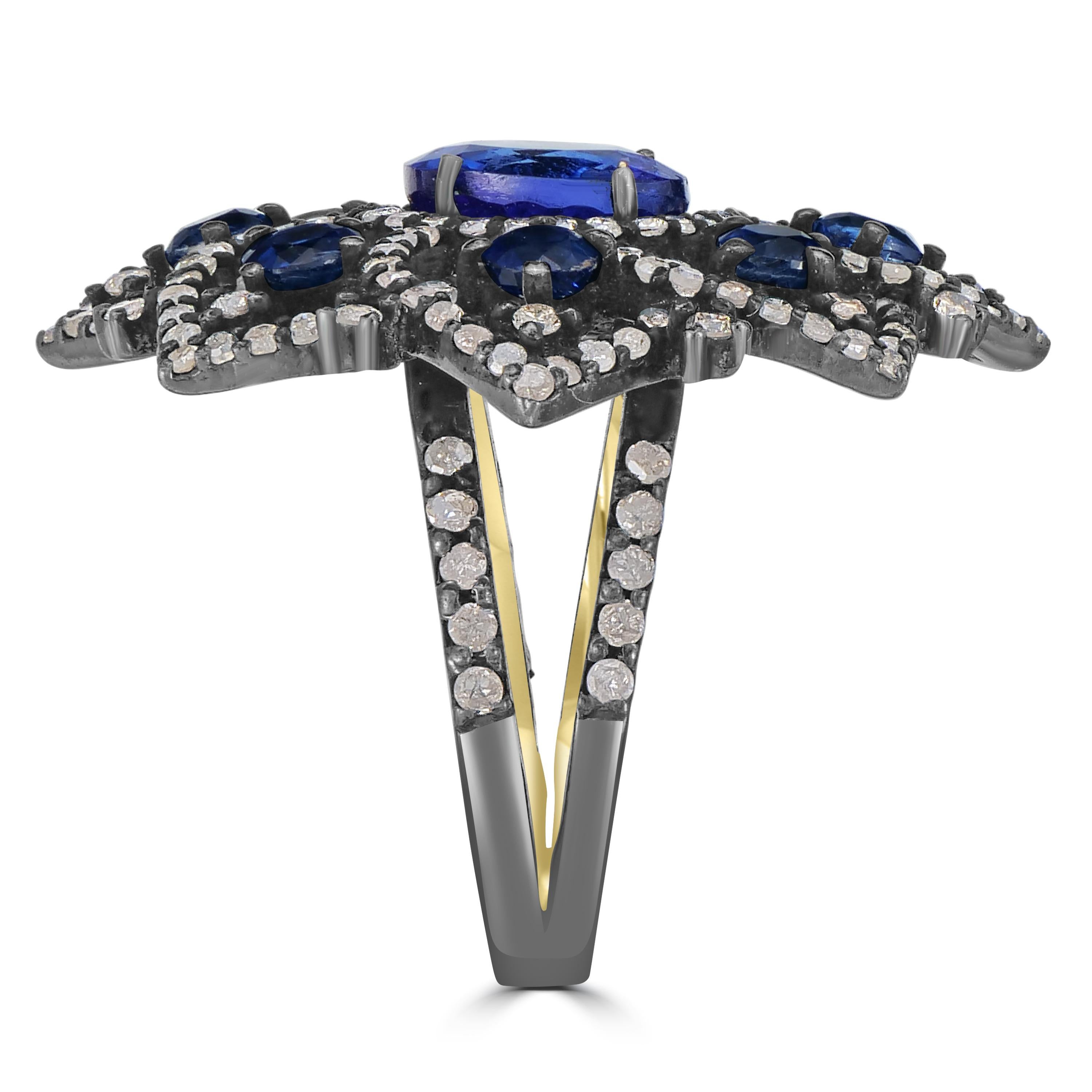 Round Cut Victorian 6.1 Cttw. Tanzanite, Kyanite and Diamond Floral Split Shank Ring For Sale