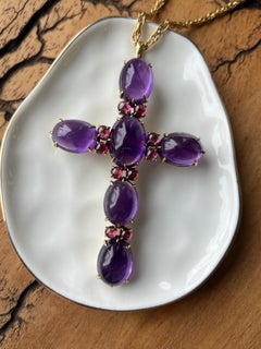Victorian 61.9tcw Amethyst & Pink Tourmaline 18k Yellow Gold Cross Pendant