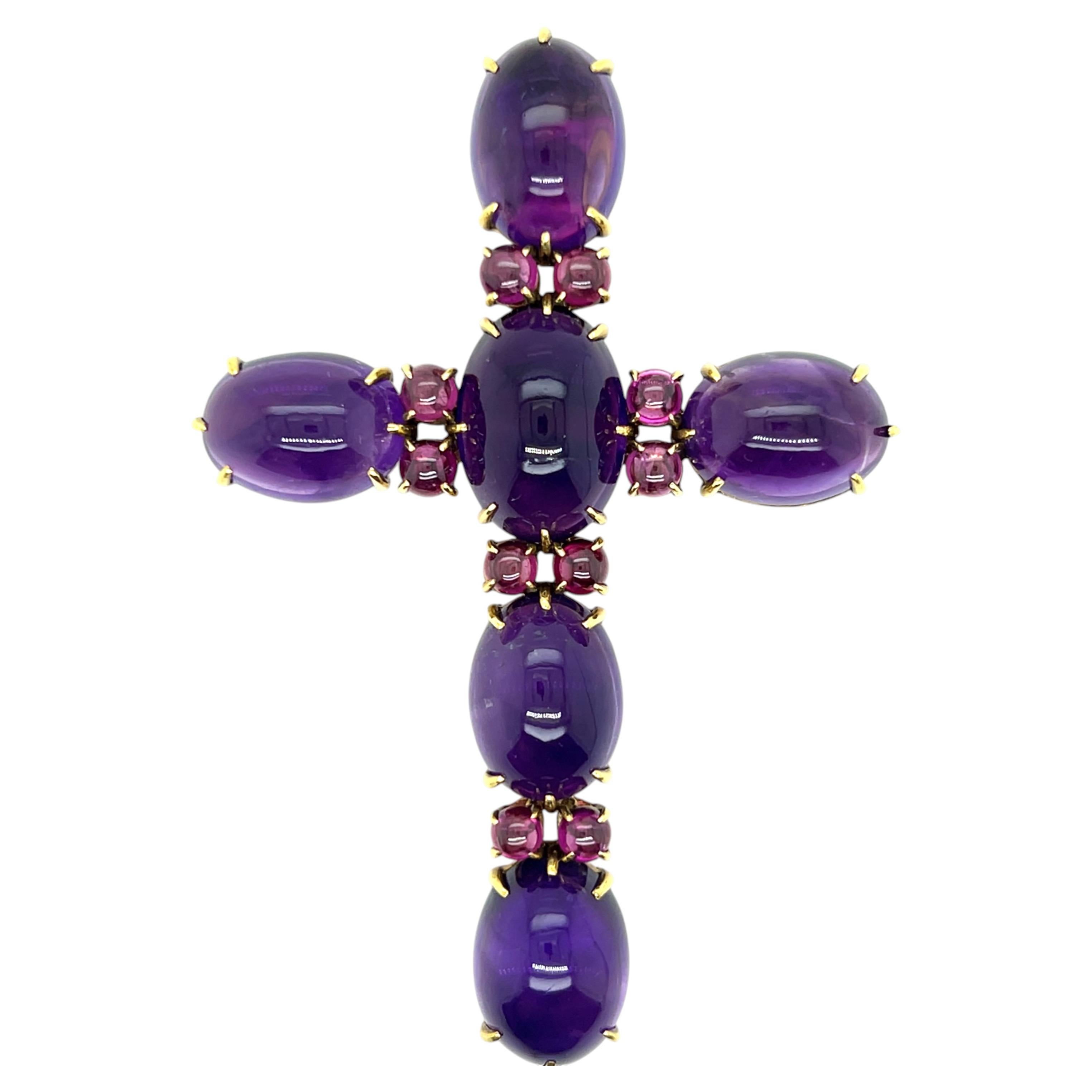 Victorian 61.9tcw Amethyst & Pink Tourmaline 18k Yellow Gold Cross Pendant For Sale