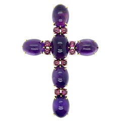 Victorian 61.9tcw Amethyst & Pink Tourmaline 18k Yellow Gold Cross Pendant