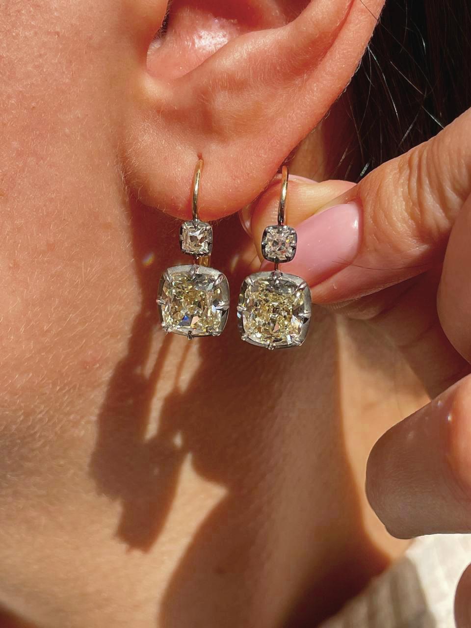 Victorian 6.24ct Antique Cushion Diamond Dormeuse Drop 18k Gold Drop Earrings 8