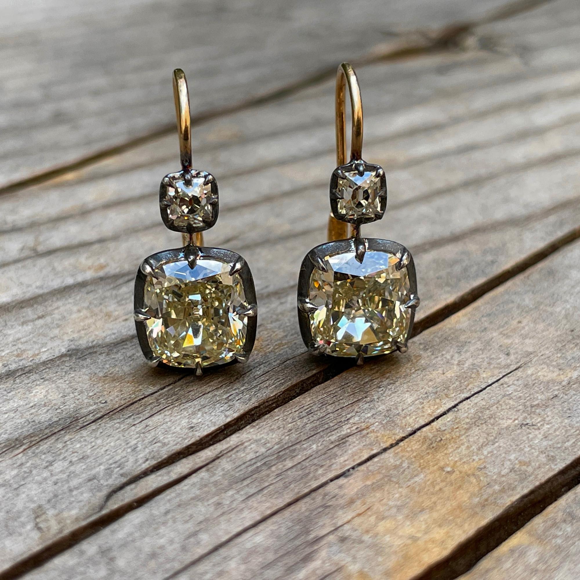 Victorian 6.24ct Antique Cushion Diamond Dormeuse Drop 18k Gold Drop Earrings 3