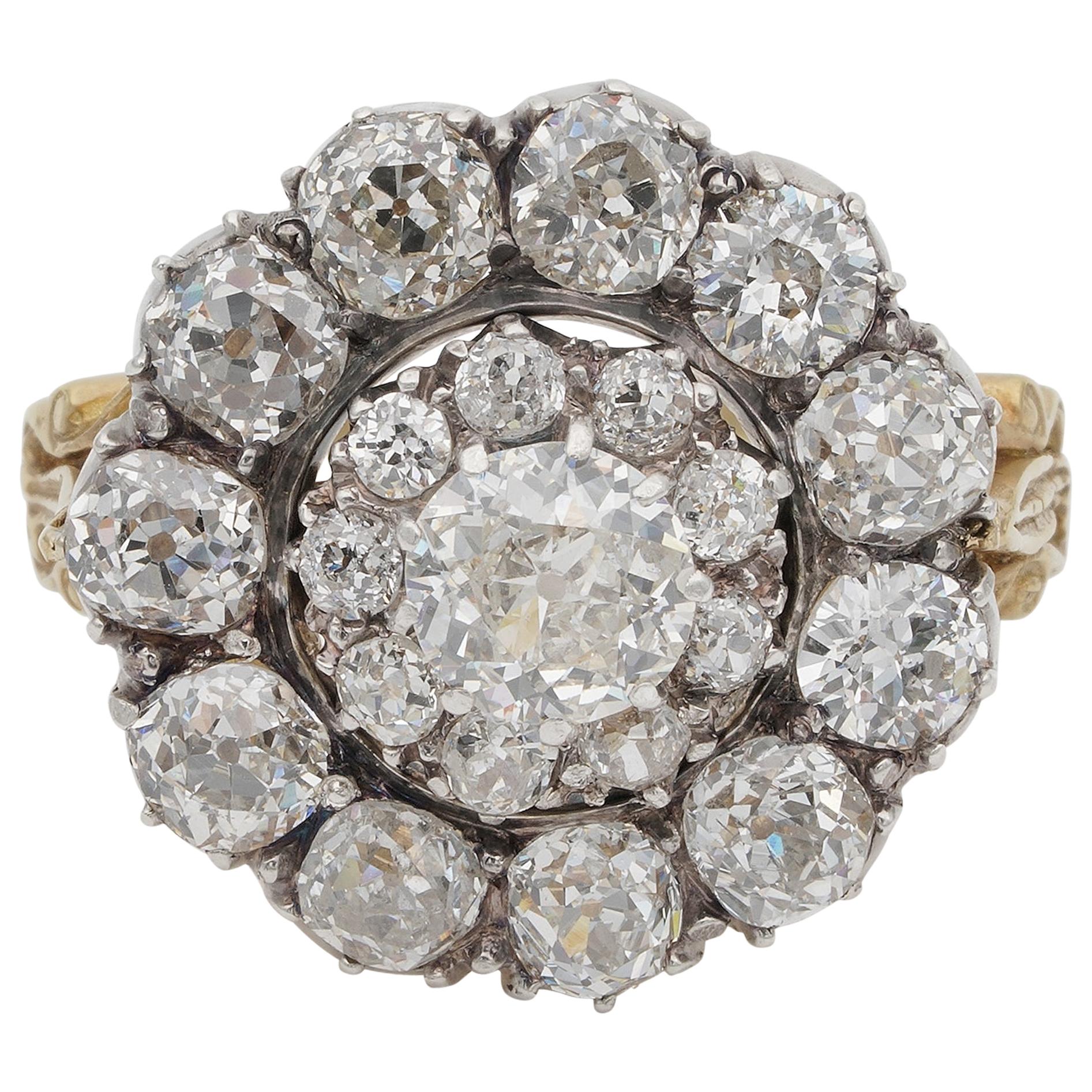 Victorian 6.25 Carat old Mine Cut Diamond Rare Cluster Ring For Sale