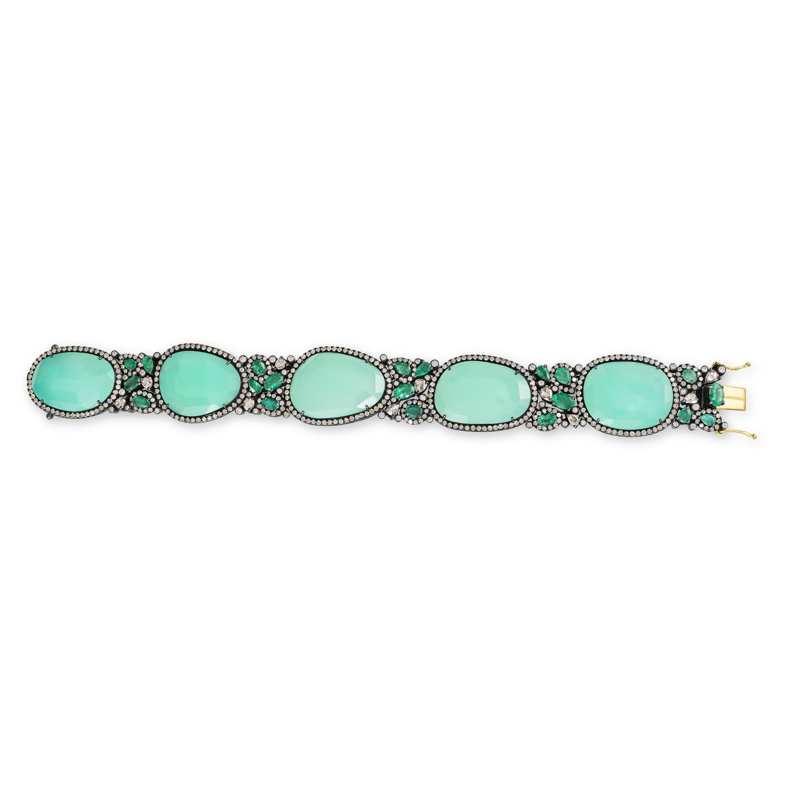 Viktorianisch 63 Cttw. Tennisarmband mit Chrysopras, Smaragd und Diamanten  (Ovalschliff) im Angebot