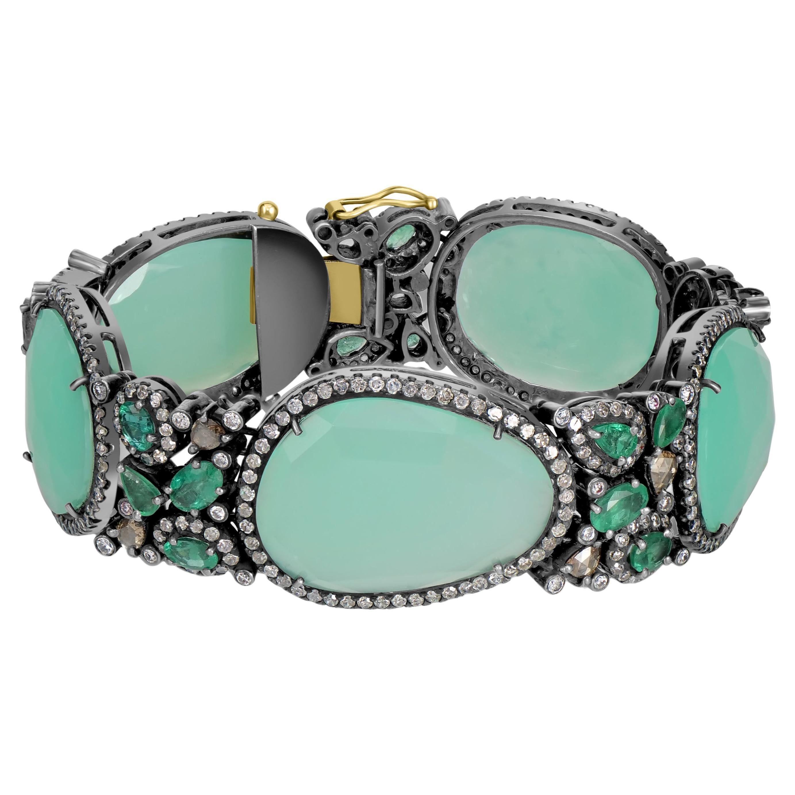 Victorian 63 Cttw. Chrysoprase, Emerald and Diamond Tennis Bracelet 