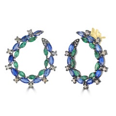 Victorian 6.3 Cttw. Natural Emerald, Kyanite/Diamond Hoop Earrings in 18k/SS