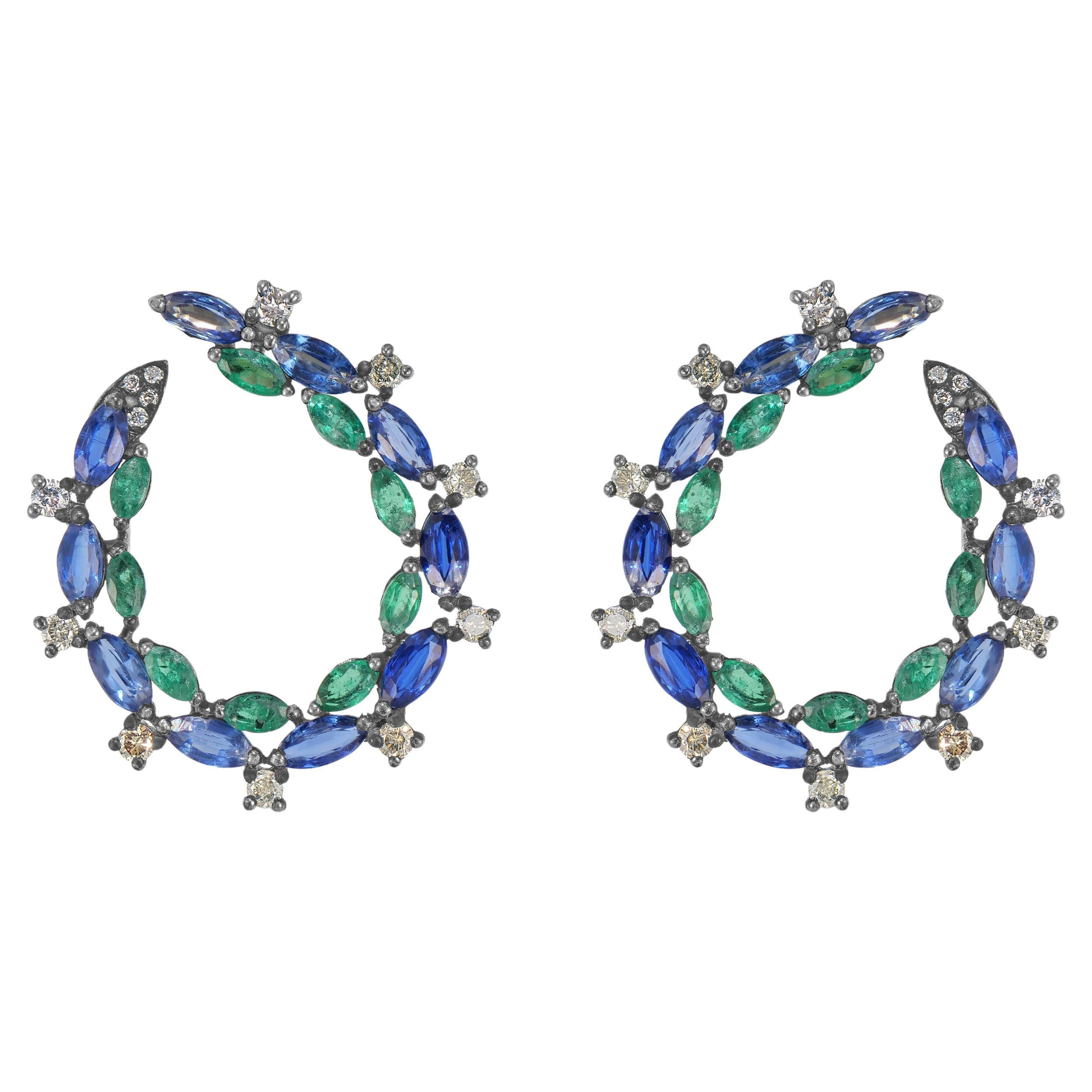 Victorian 6.3 Cttw. Emerald, Kyanite and Diamond Hoop Earrings in18k/925