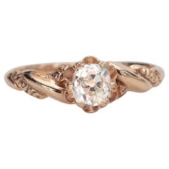 Antique Victorian .64 ct Old Mine Cushion Cut Diamond Buttercup Solitaire Rose Gold Ring