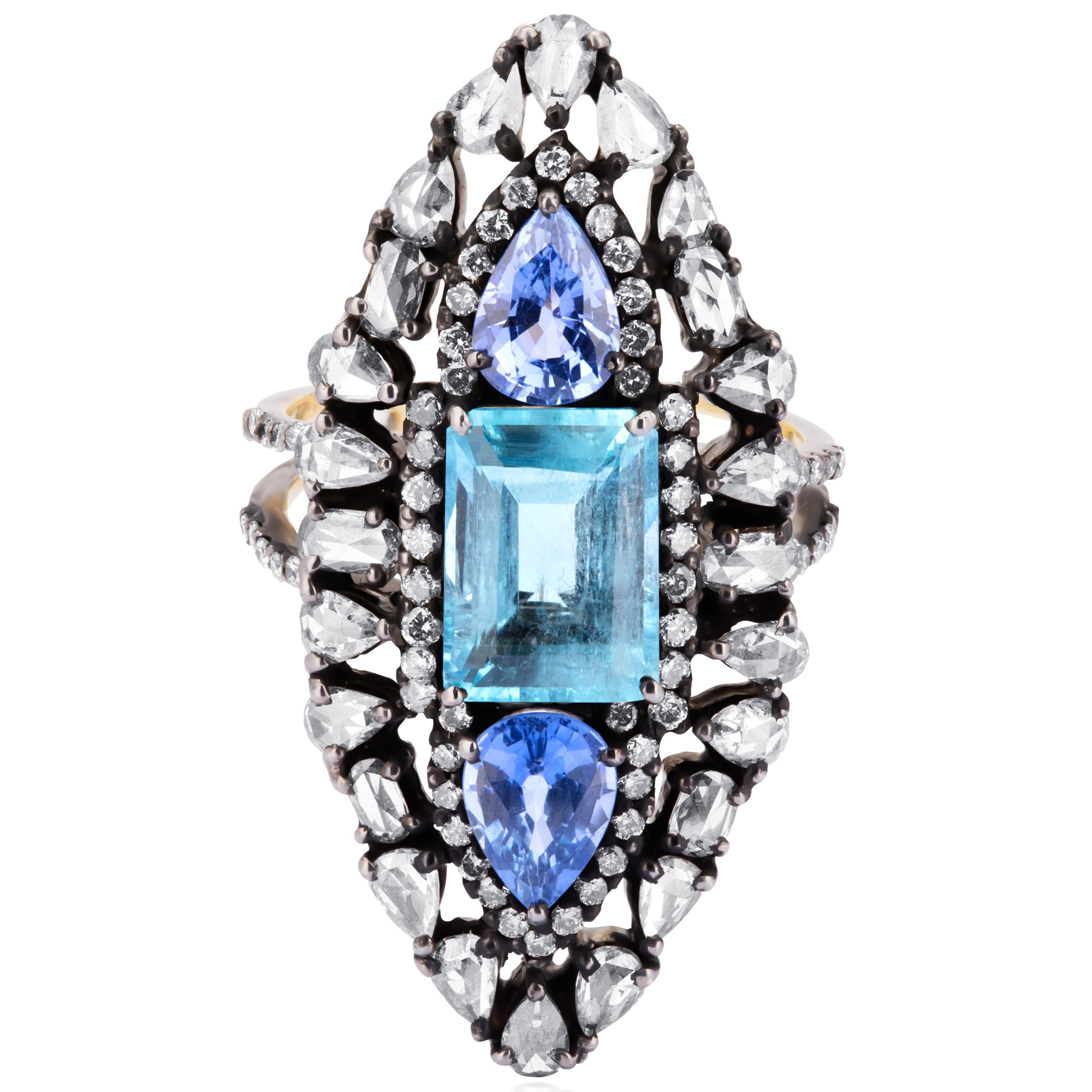 Victorian 6.4 Carat T.W Aquamarine, Blue Sapphire and Diamond Cluster Ring In New Condition For Sale In New York, NY