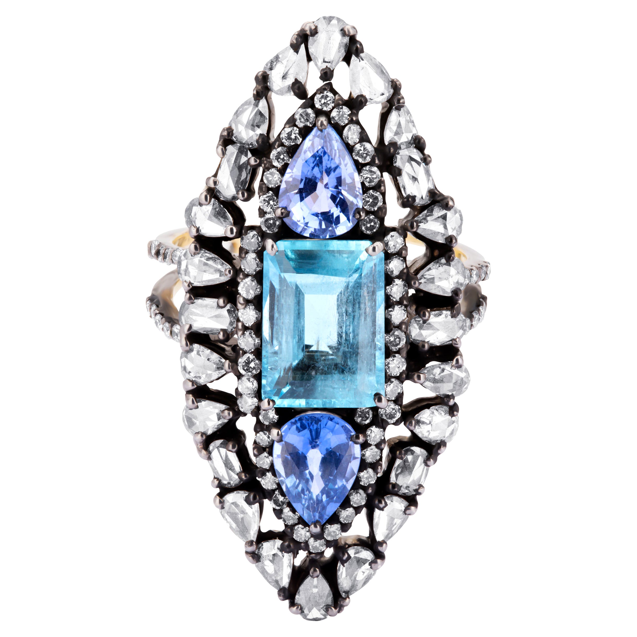 Bague grappe victorienne en aigue-marine, saphir bleu et diamants de 6,4 carats poids total