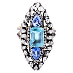 Victorian 6.4 Carat T.W Aquamarine, Blue Sapphire and Diamond Cluster Ring
