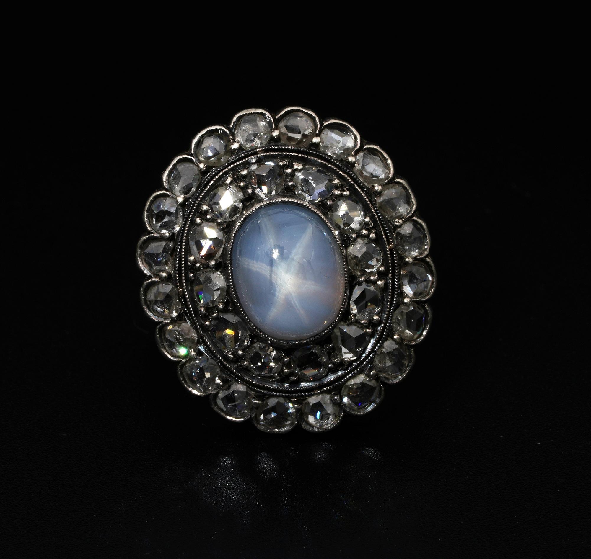 Glorious Victorian Destiny Stone
This strikingly beautiful dinner ring, dating from the 1880 ca, features one rare natural untreated, six rays untreated, unheated, Natural Sapphire
Lovely light Lavender colour displaying a magnetic centre for this