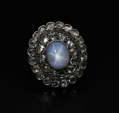 Victorian 6.40 Ct Star Sapphire and Rose Cut Diamond Ring