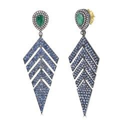 Victorian 6.43 Cttw. Emerald, Sapphire and Diamond Fern Leaf Dangle Earrings